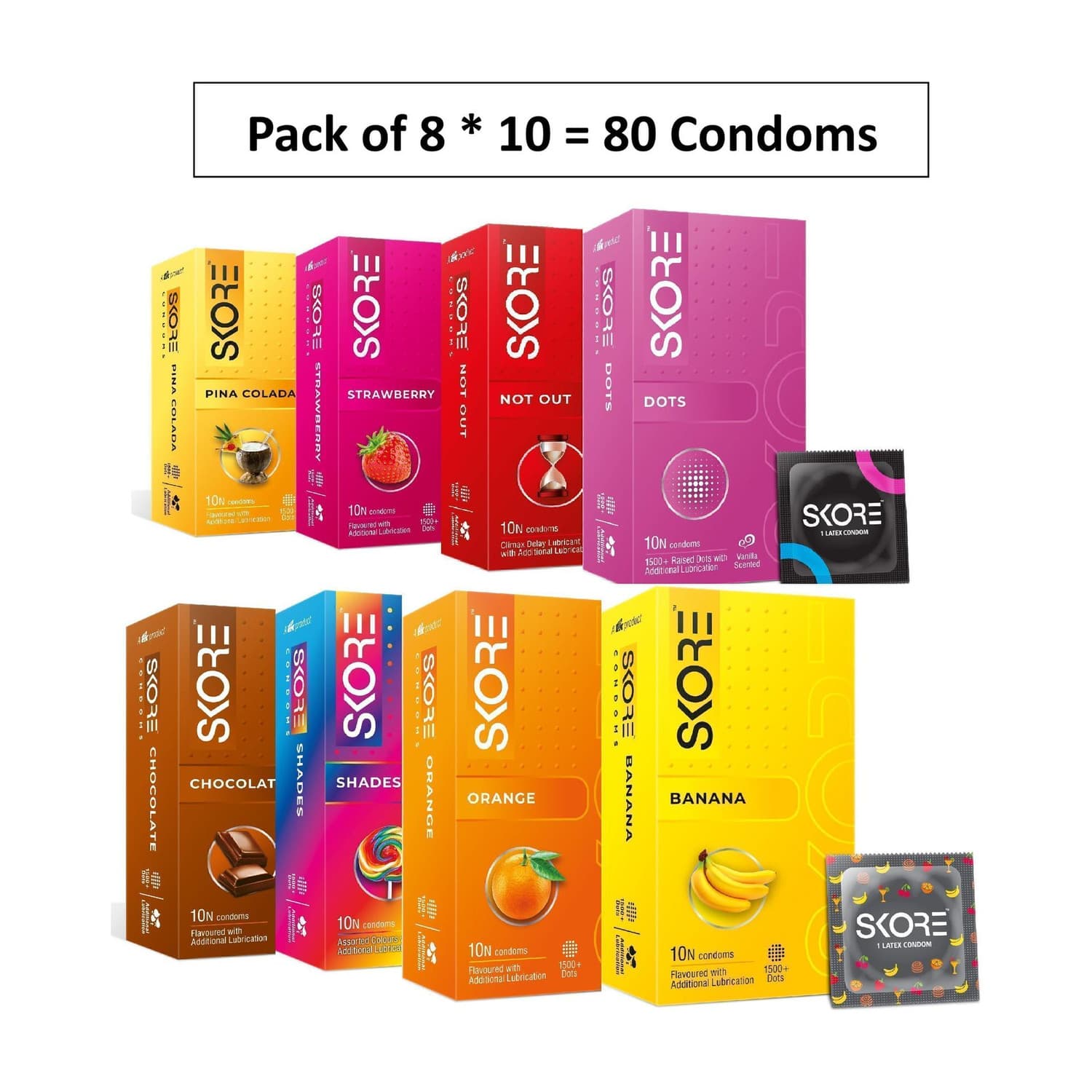 SKORE New Adventure Pack of Dotted (Shades,Dots, Orange,Starwberry, Chocolate, Pinacolada,Not Out, Banana) Condom (Set of 8, 80 Sheets)