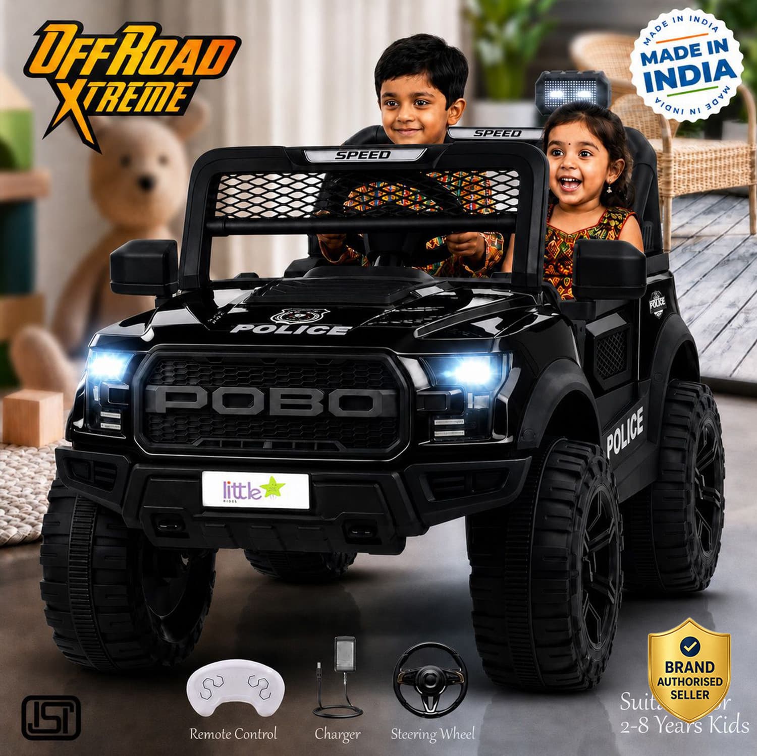 LITTLE RIDES Pobo 12v Battery Operated Jeep for Kids, with Light & Music | Big Jeep Battery Jeep Battery Operated Ride On