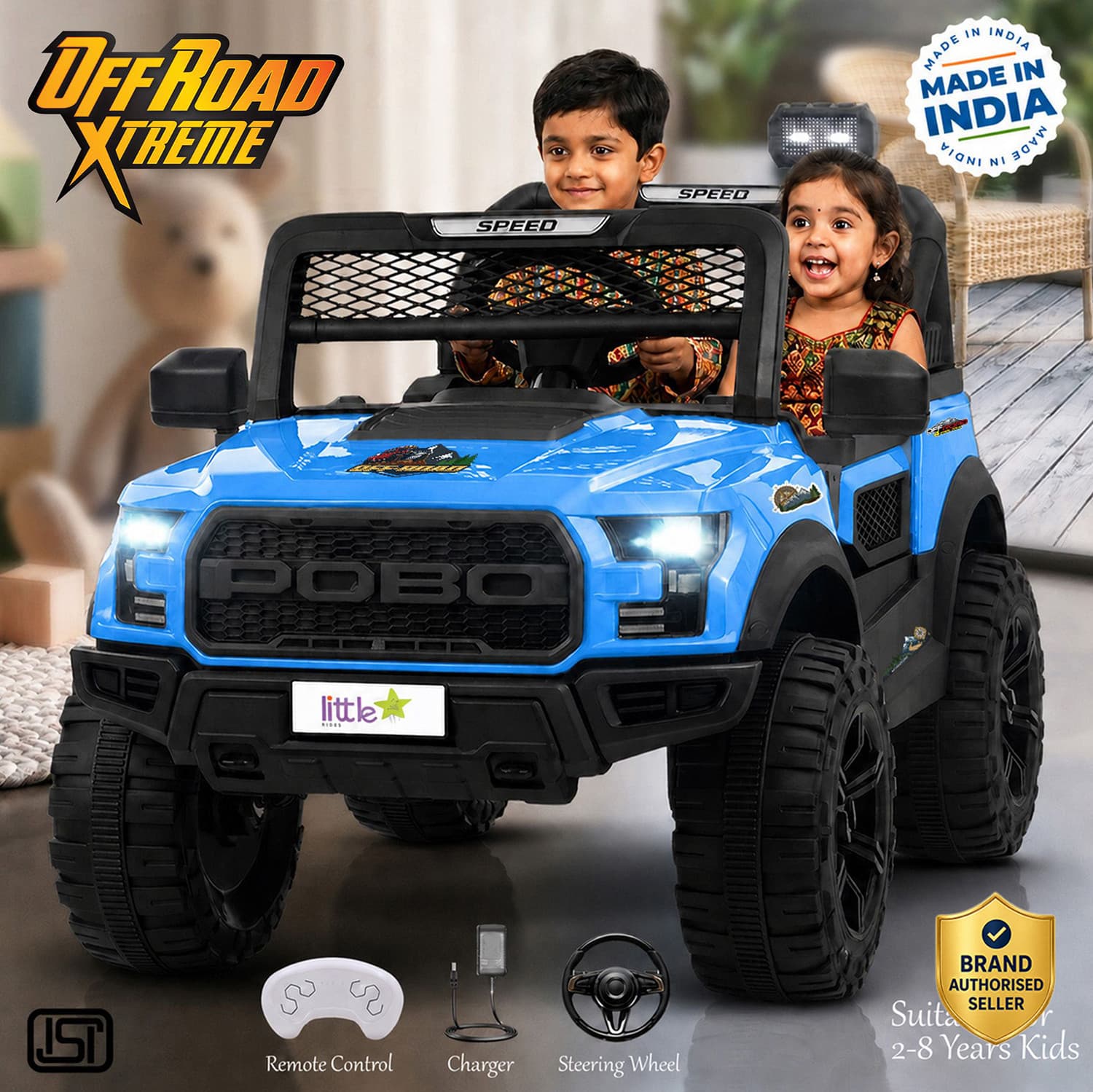 LITTLE RIDES Pobo 12v Battery Operated Jeep for Kids, with Light & Music Jeep Battery Operated Ride On