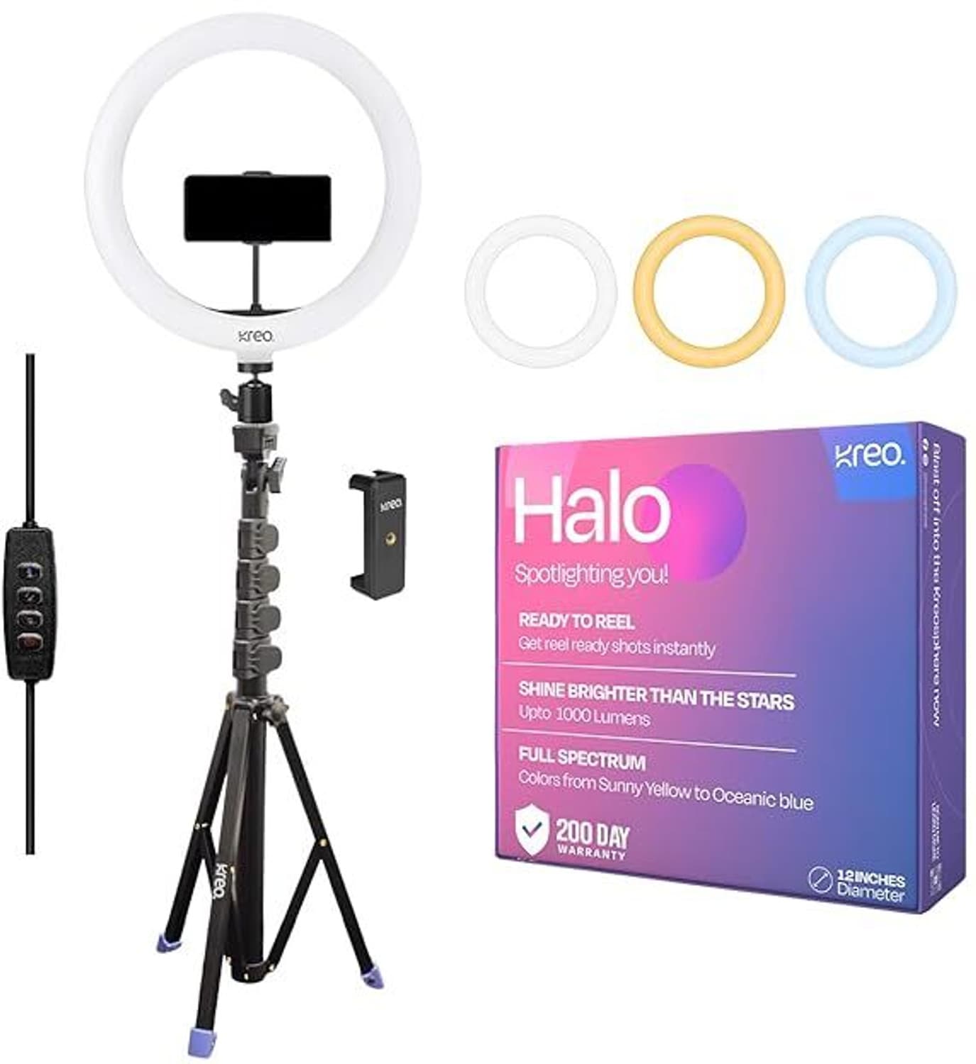 Kreo Halo 12” Compact Ring Light (with Tripod, 3 color modes, wired remote) Ring Flash