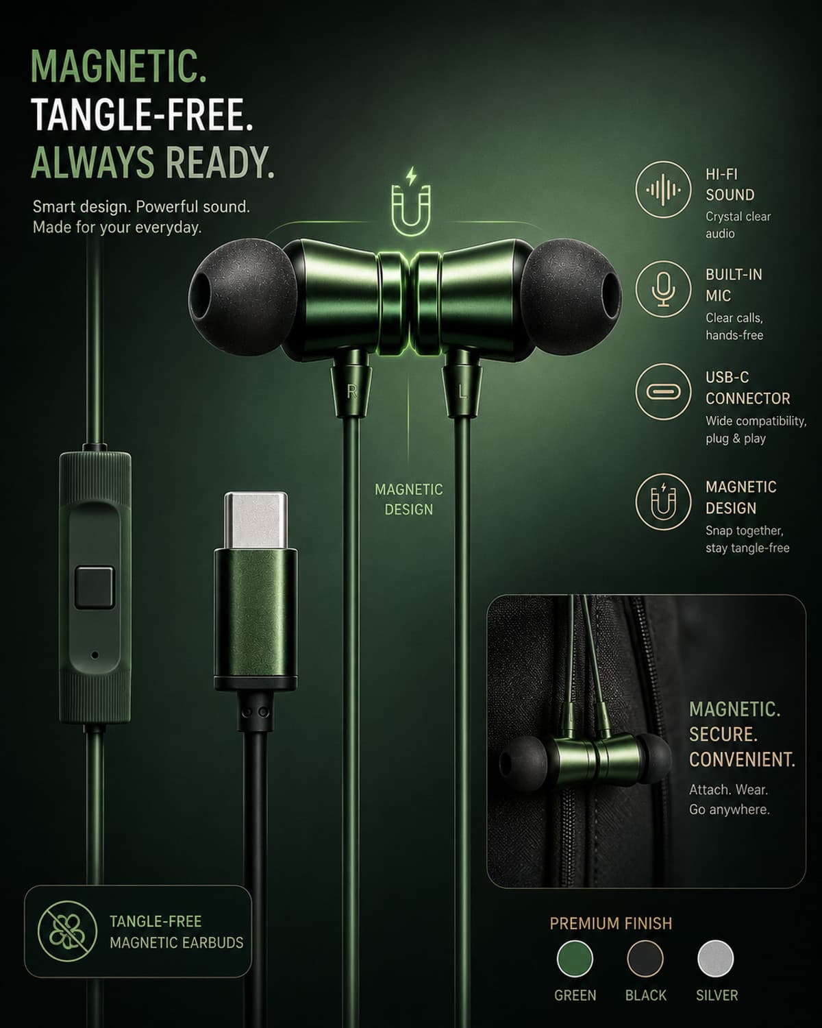 C Type Magnetic Buds Wired Earphone With HD Sound ()