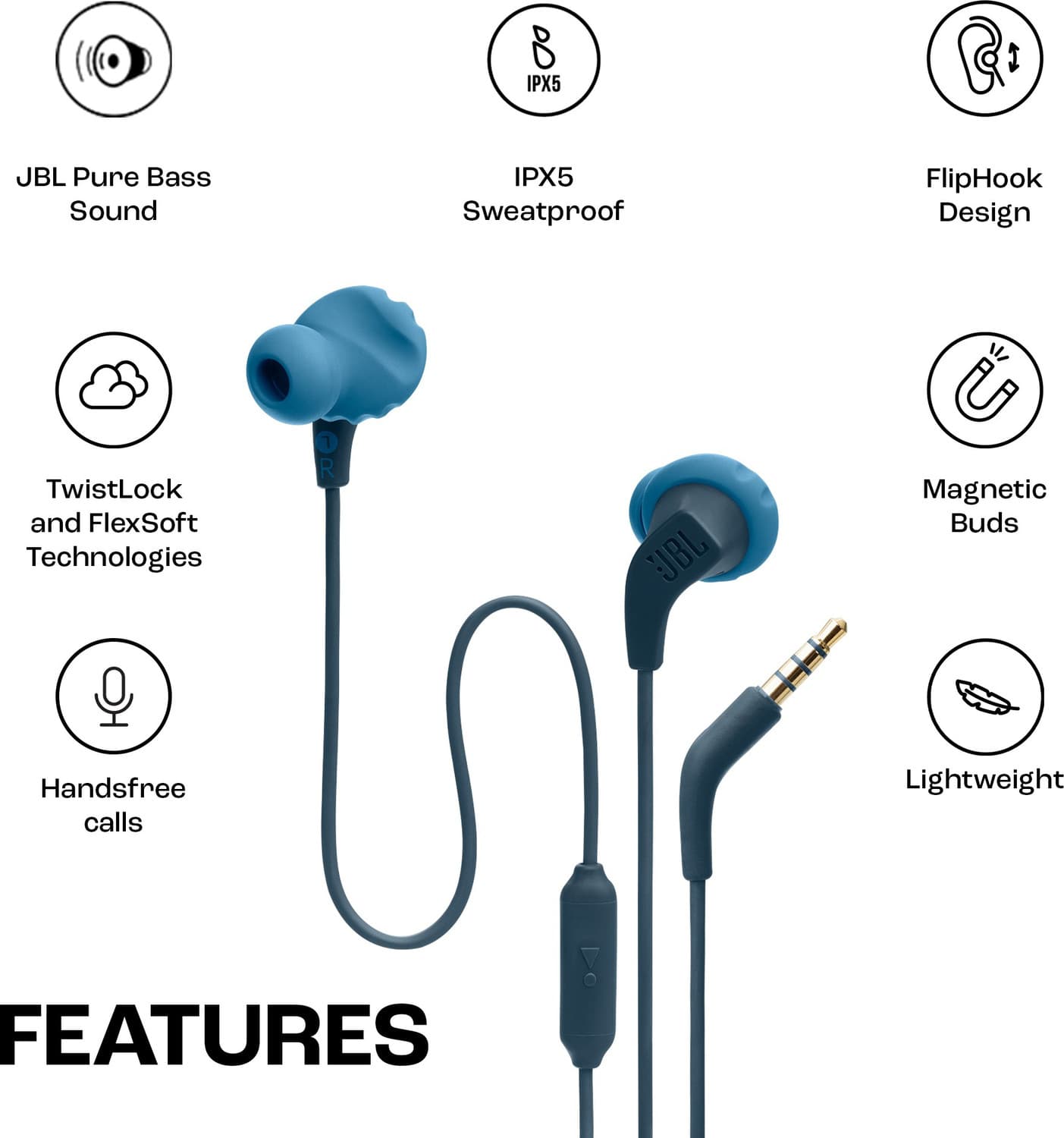 JBL Endurance Run 2 with Fliphook & TwistLock Technology, Pure Bass, IPX5 Sweatproof Wired Headset