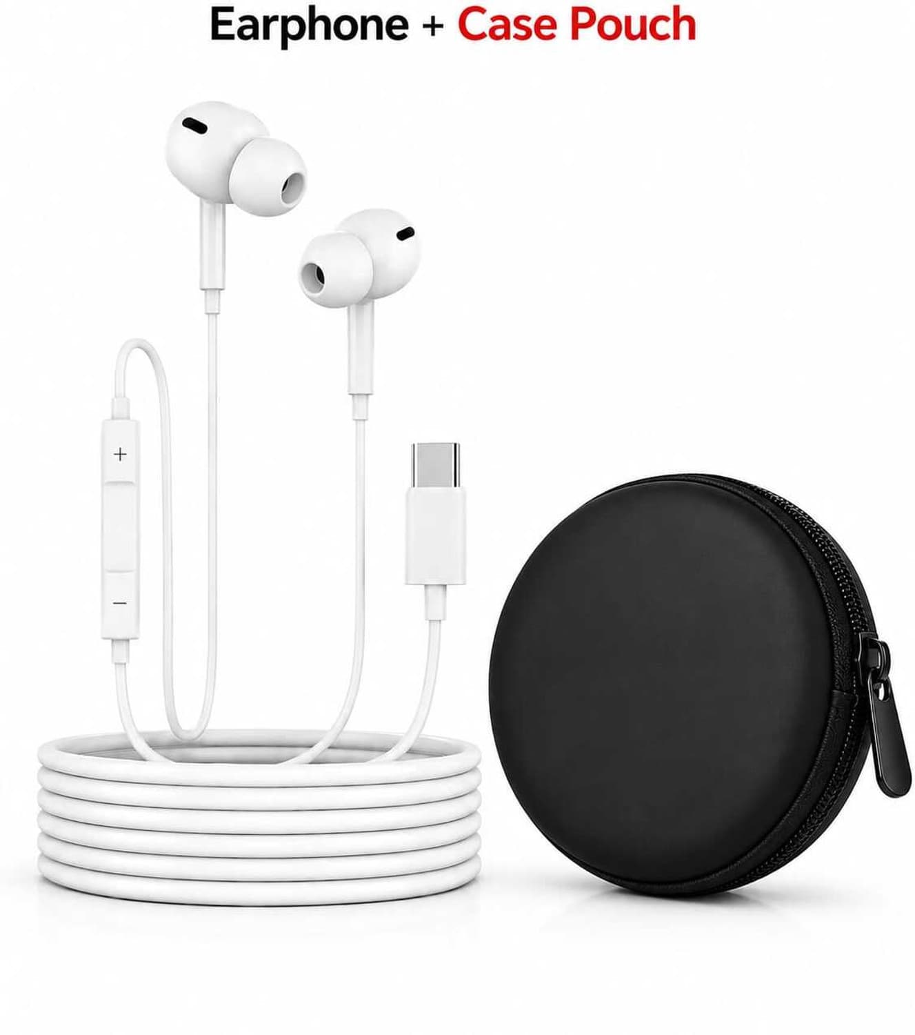 Type-C Wired Earphone with Mic & Case Pouch | Stereo Sound | White Wired Headset (White, In the Ear)