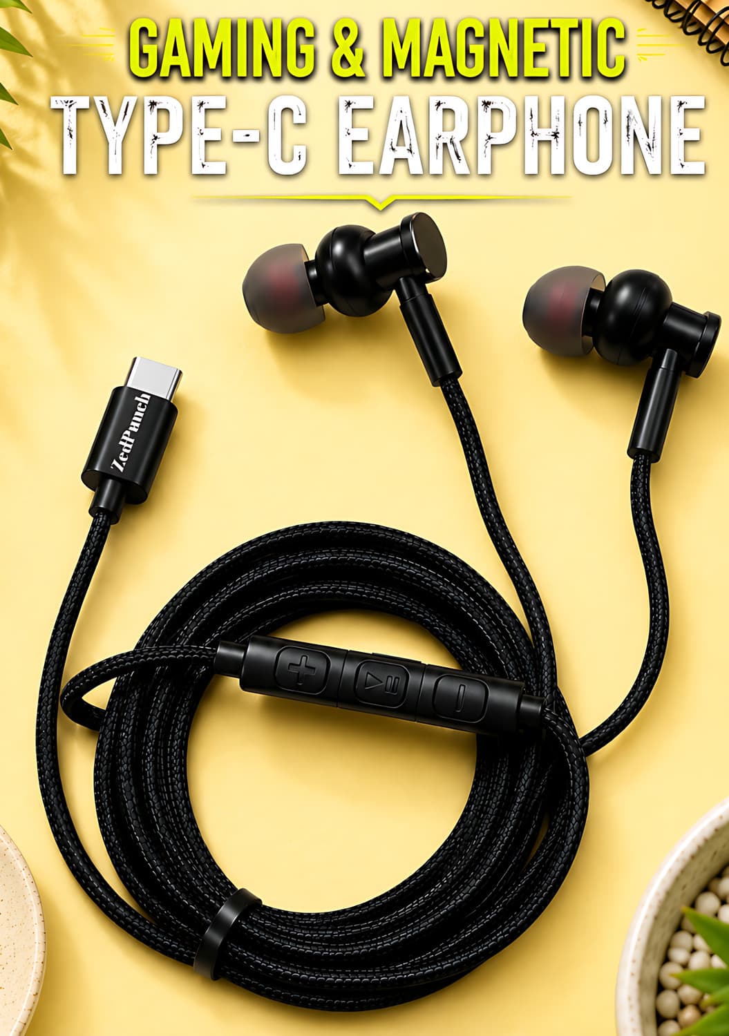 Gaming Type C Wired Magnetic Earphones With Mic & 3 Button Control USB-C Device Wired Gaming Headset (Deep Black, In the Ear)