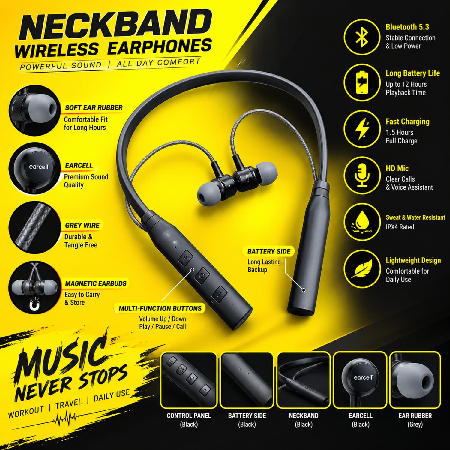 Bluetooth neckband EZ Black 05 Bluetooth Headset (Black, On the Ear)