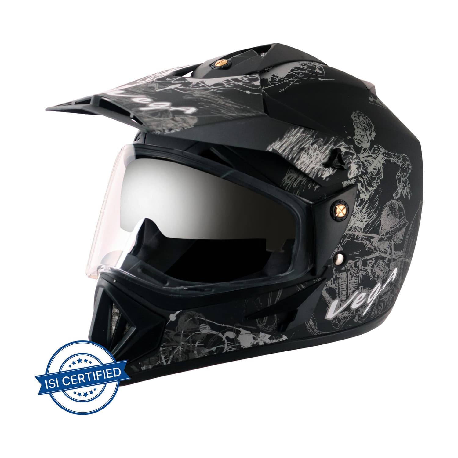 VEGA Off Road D/V Sketch Motorbike Helmet (Dull Black, Silver)