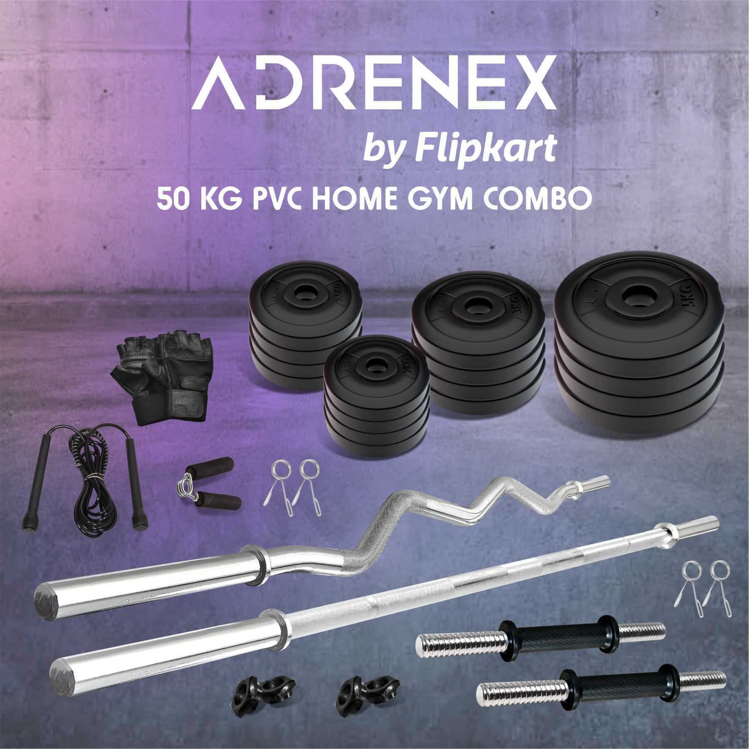 Adrenex by Flipkart 50 kg 50Kg Home Gym Combo with Straight, Curl and Dumbbell Rods Home Gym Combo