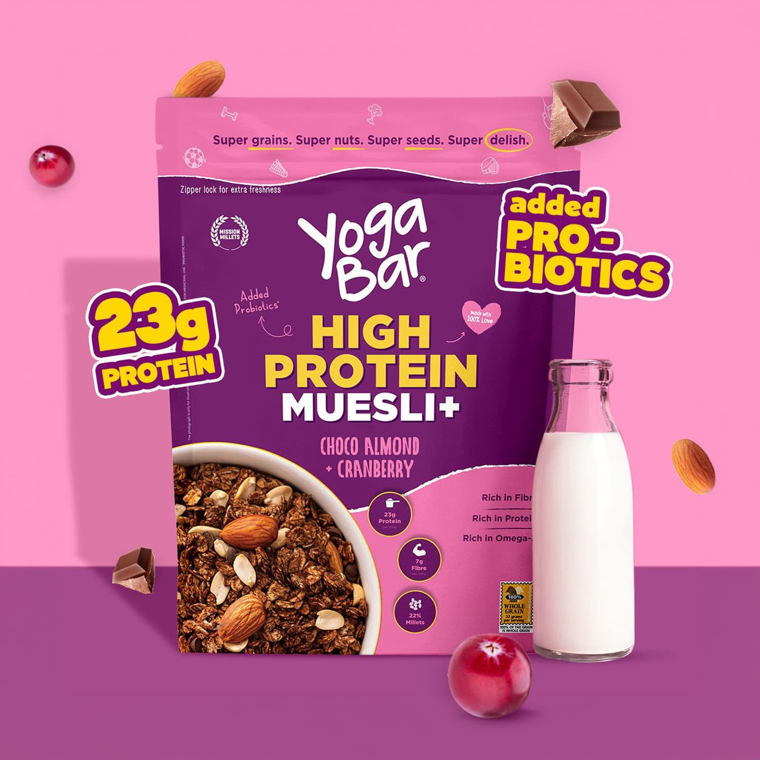 Yogabar High Protein Muesli | 21g Protein per serve | Choco Almond + Cranberry Pouch