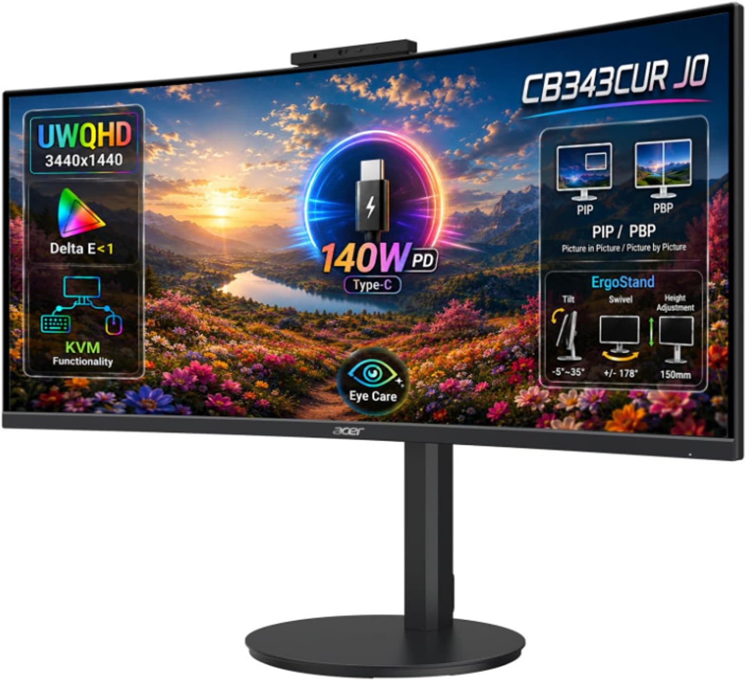 Acer CB 86.36 cm (34 inch) Curved UWQHD LED Backlit VA Panel Gaming Monitor (CB343CUR J0) (Adaptive Sync, Response Time: 1 ms, 120 Hz Refresh Rate)