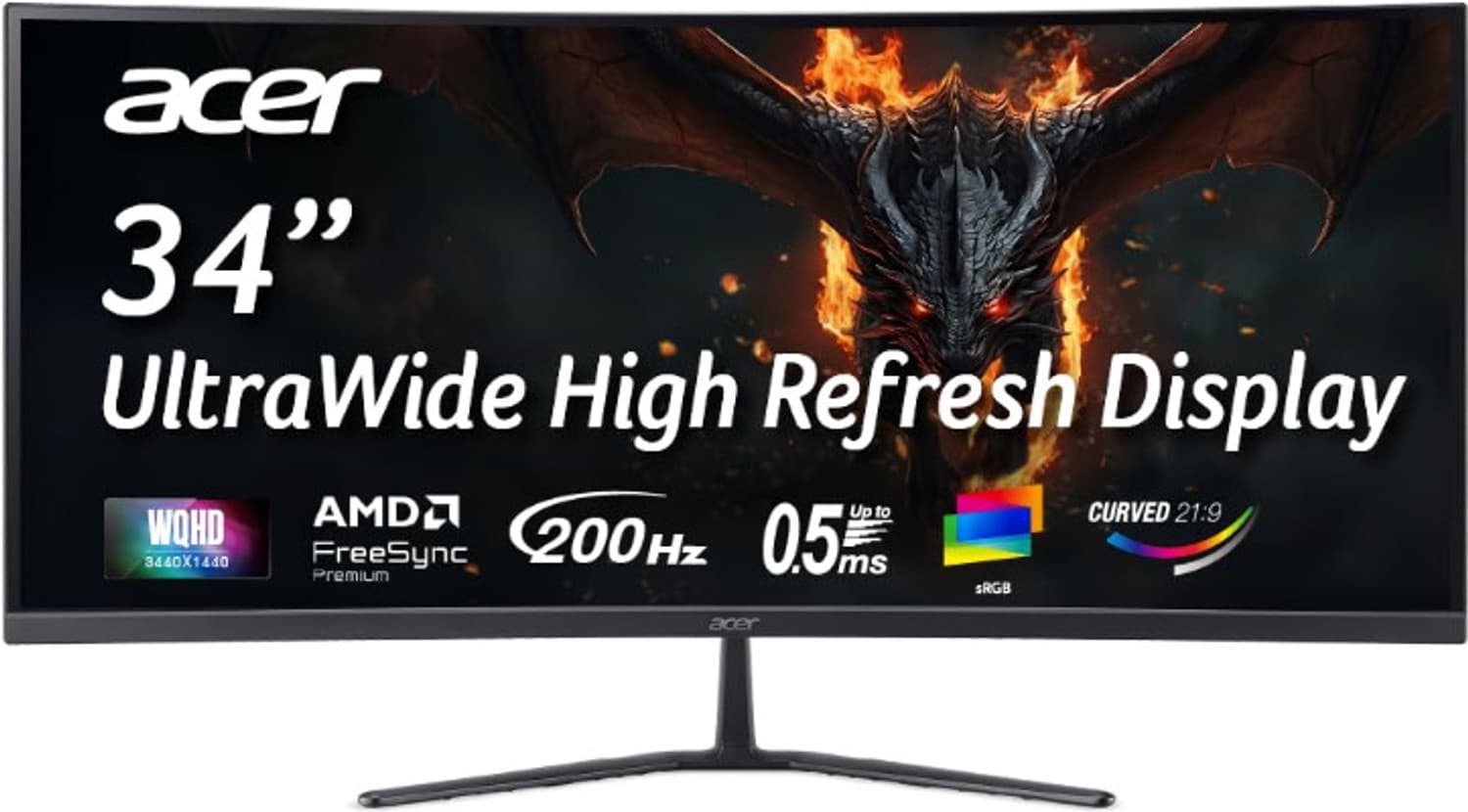 Acer 86.36 cm (34 inch) Curved UWQHD LED Backlit VA Panel Gaming Monitor (ED340CUR X0) (Frameless, AMD Free Sync, Response Time: 1 ms, 200 Hz Refresh ...