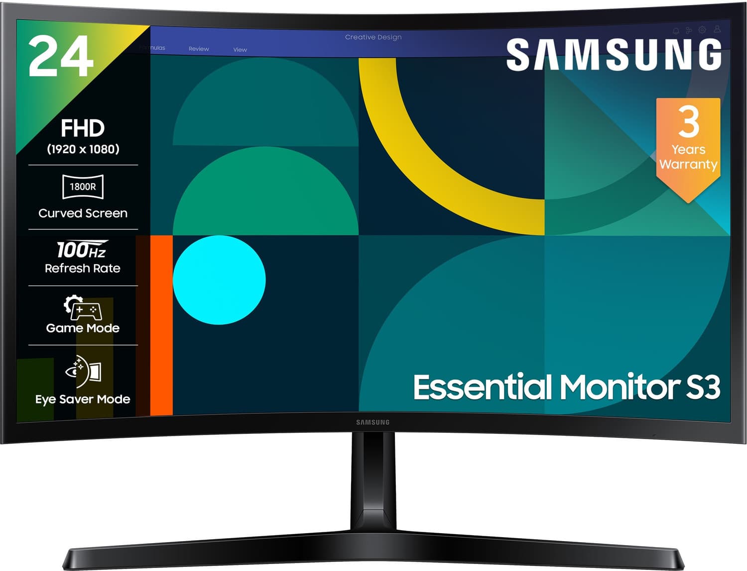 Samsung Essential Monitor S3 59.8 cm (24 inch) Curved Full HD LED Backlit VA Panel Gaming Monitor (24" FHD Curved Monitor LS24D368GAWXXL, Black) (Resp...