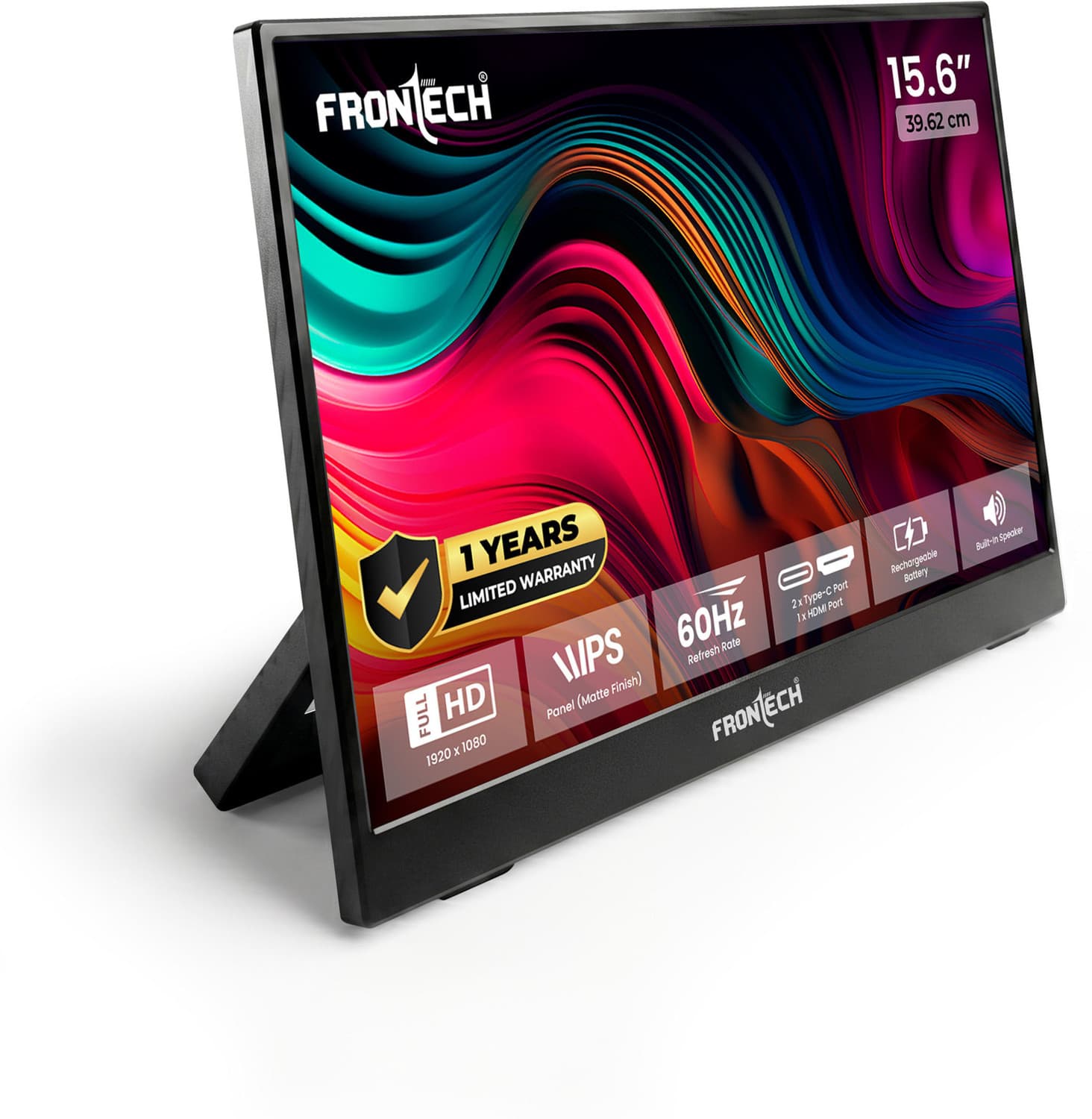 Frontech - 39.62 Cm 16 Inch Full Hd Ips Panel Monitor Portable Led Monitor 10000mah Rechargeable Battery, Adjustable Stand