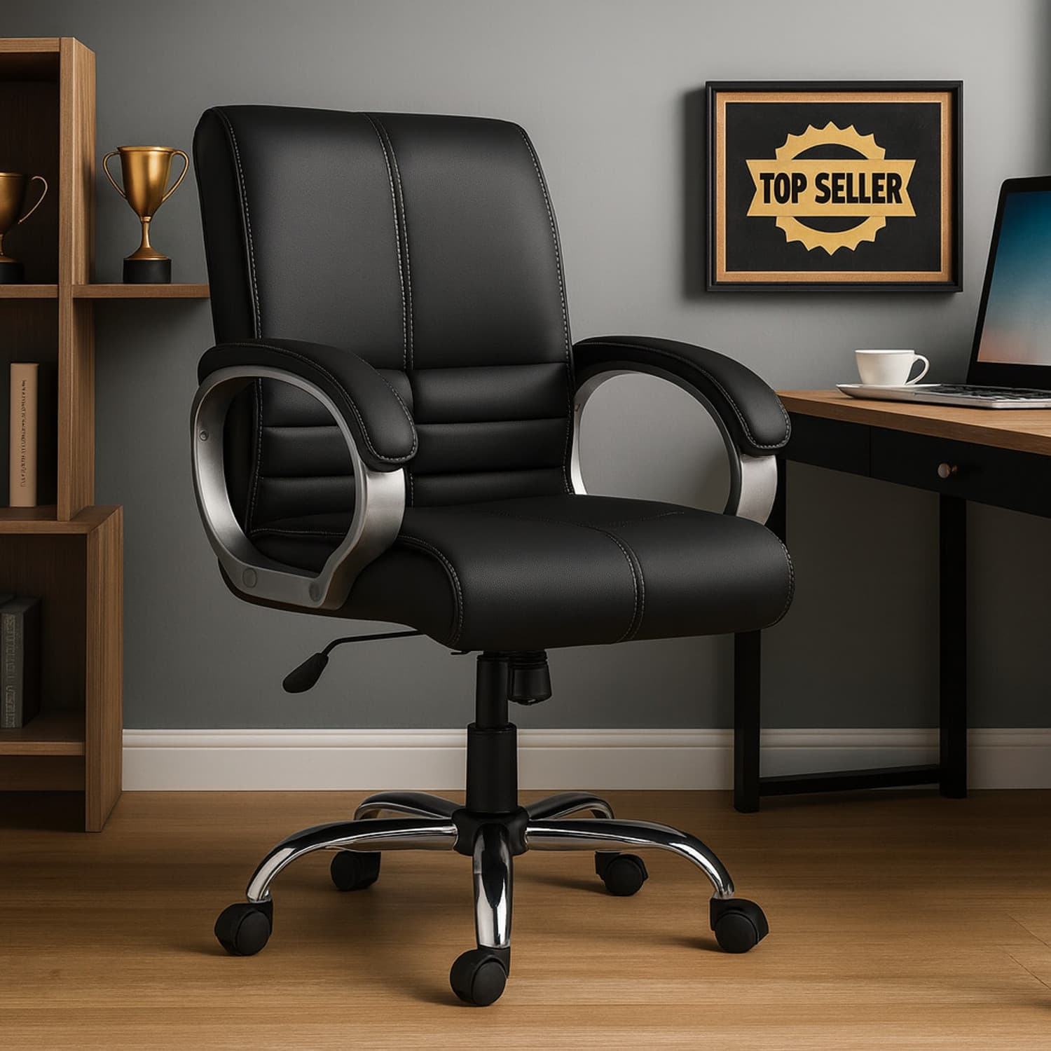 Newturn Jetha Heavy Duty Metal Stand Revolving Workstations Study Room Leather Office Adjustable Arm Chair