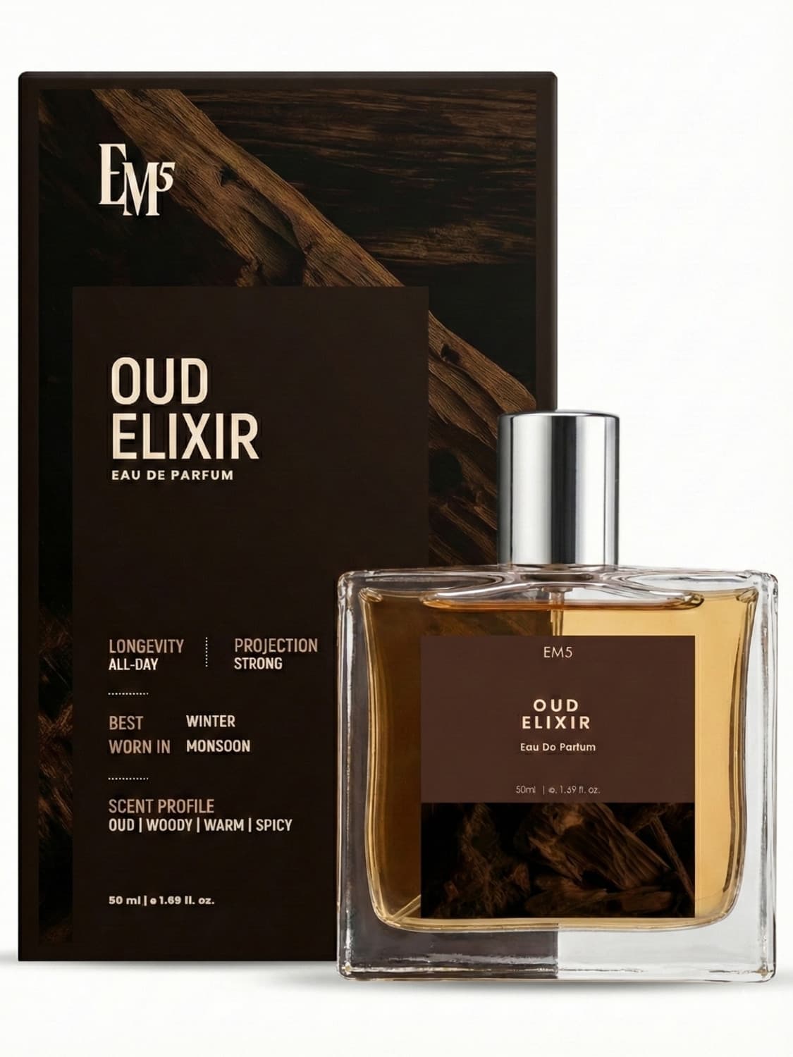 Em5 Oud Elixir EDP Perfume for Men | Warm, Woody, Spicy, Oud Fragrance | Eau de Parfum - 50 ml