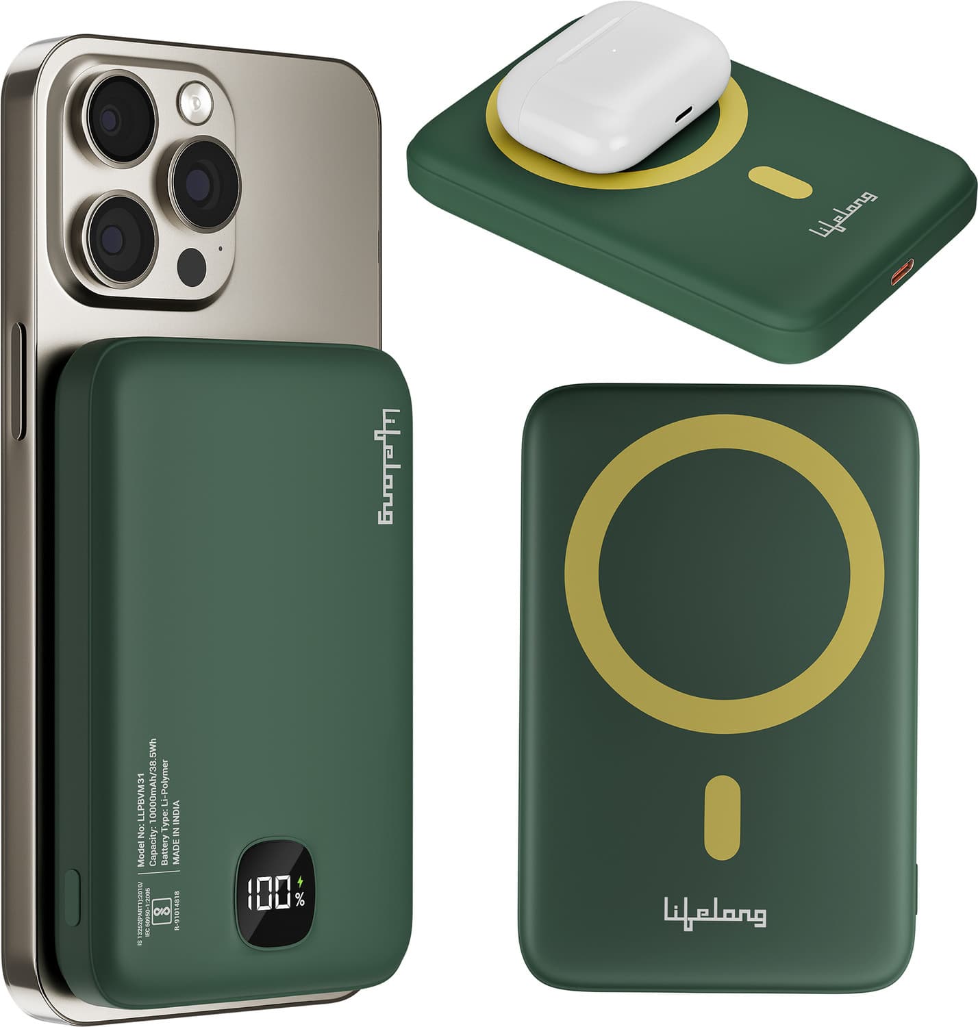 10000 mAh 22.5 W Wired & Wireless Pocket Size Power Bank (Green, Lithium Polymer, Power Delivery 2.0 for Mobile)