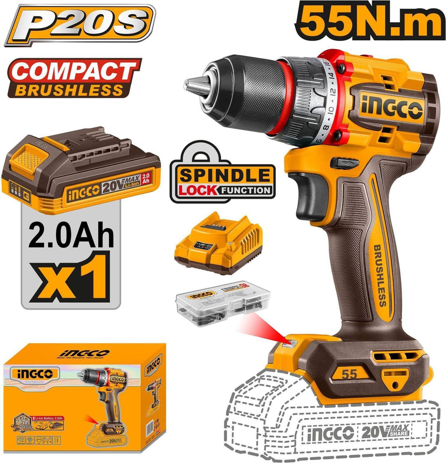 20V Cordless Brushless Drill Driver | 55 NM Torque| 2.0Ah Battery 55nm Compact Brushless CDLI205582 Cordless Drill (10 mm Chuck Size)