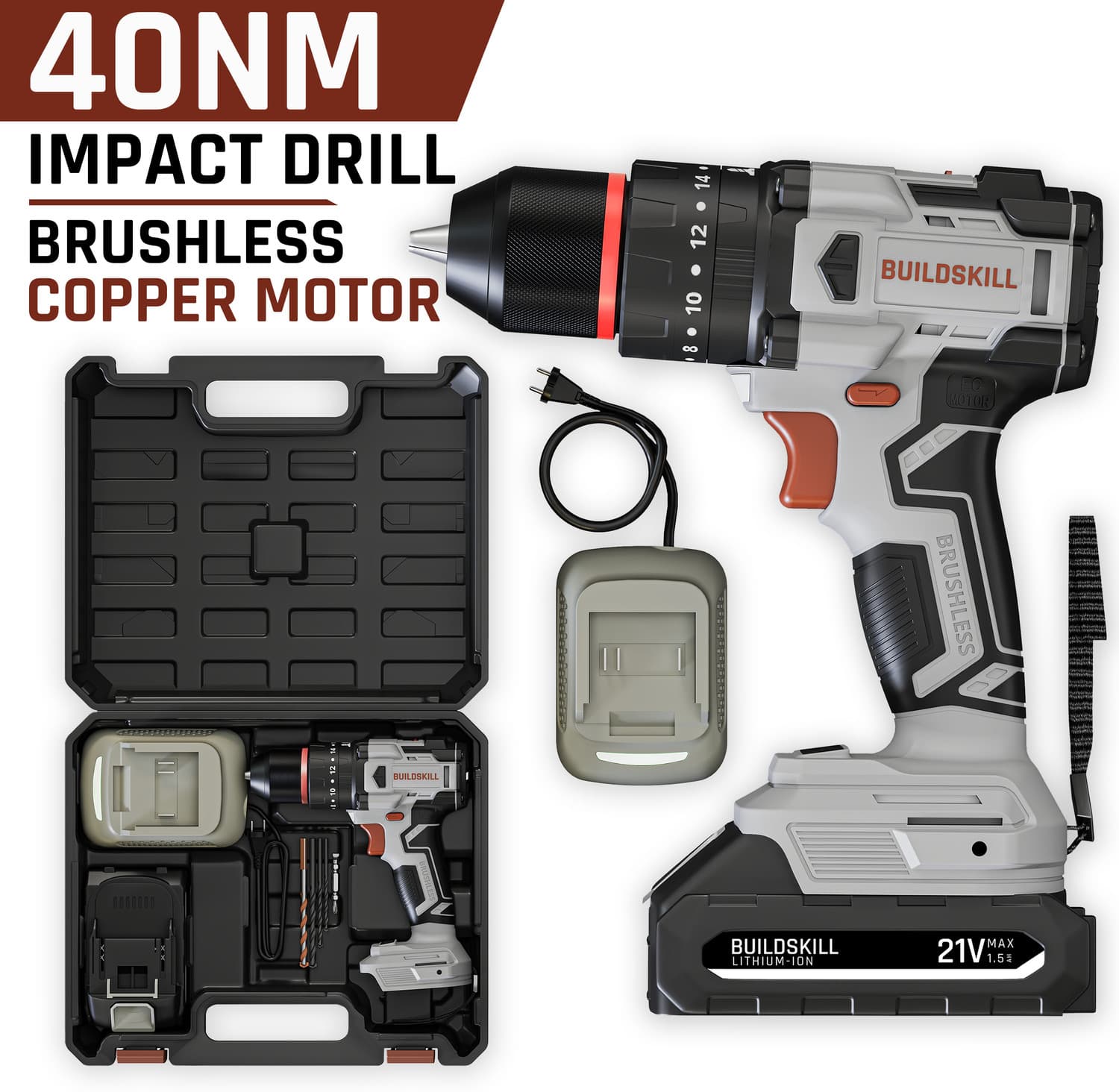 21V Brushless Cordless Impact Drill Machine | 40NM Torque | 2-Speed 400/1400 RPM BCD21VBLBMC Cordless Drill (10 mm Chuck Size)