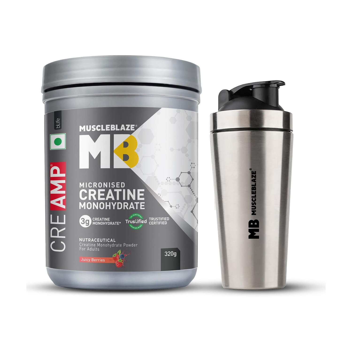 Micronised Creatine Monohydrate CreAMP, Trustified Certified & Gym Steel Shaker Creatine (320 g, Juicy Berries)