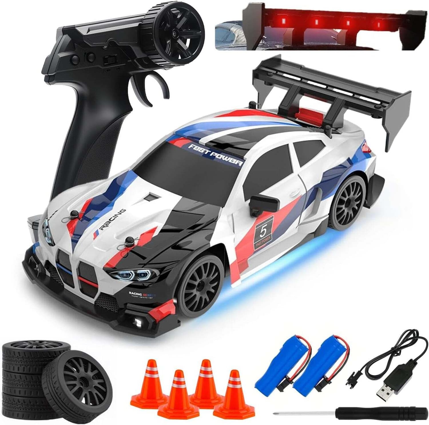 RC Drift Car 4X4 20KM/H High-Speed Remote Control Car with LED Lights (White-Red)