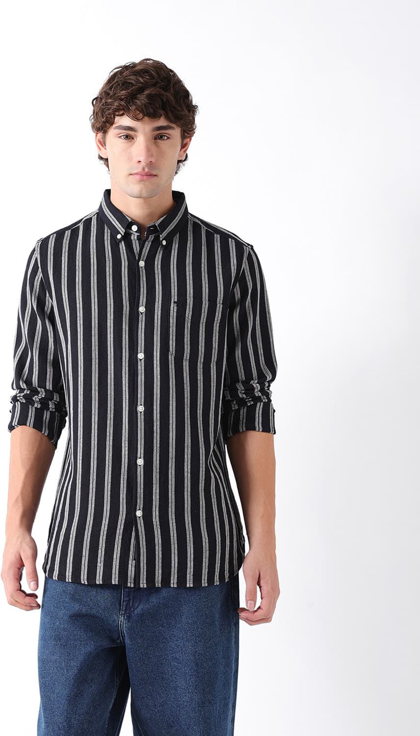 bear house men striped casual black shirt