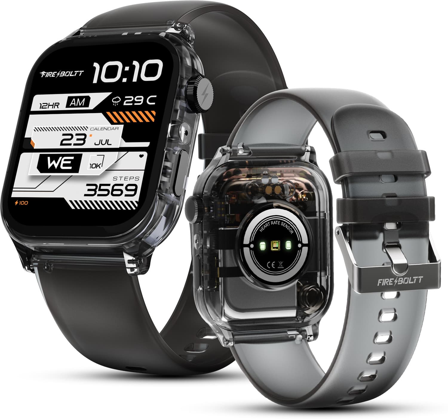 Fire-Boltt Rise Phantom 1.85 Display Transparent Clear Body Design Rotating Button BT Call Smartwatch (Black Smoke Strap, Free Size)