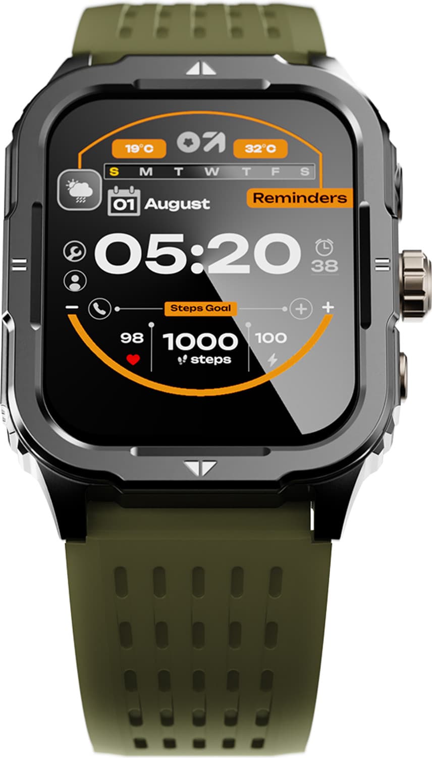 GOBOULT Tuff Rivet 1.9'' HD Display, Working Crown , Quick Access Torch Smartwatch (Forest Green Strap, Free Size)