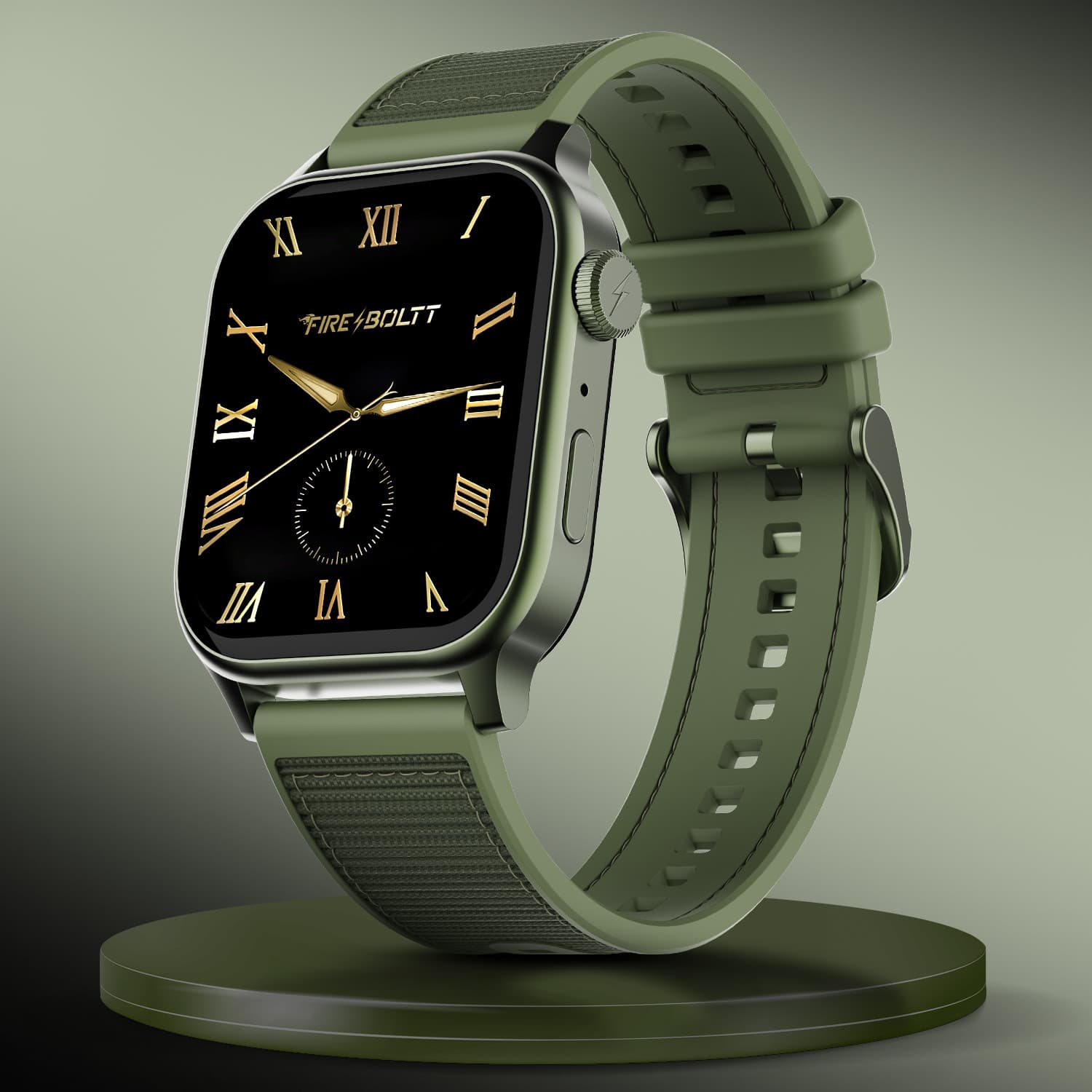 Fire-Boltt Rise Force 1.85 BT Calling, Nylon Fluoroelastomer Hybrid Strap Rotating Crown Smartwatch (Moss Olive Strap, Free Size)