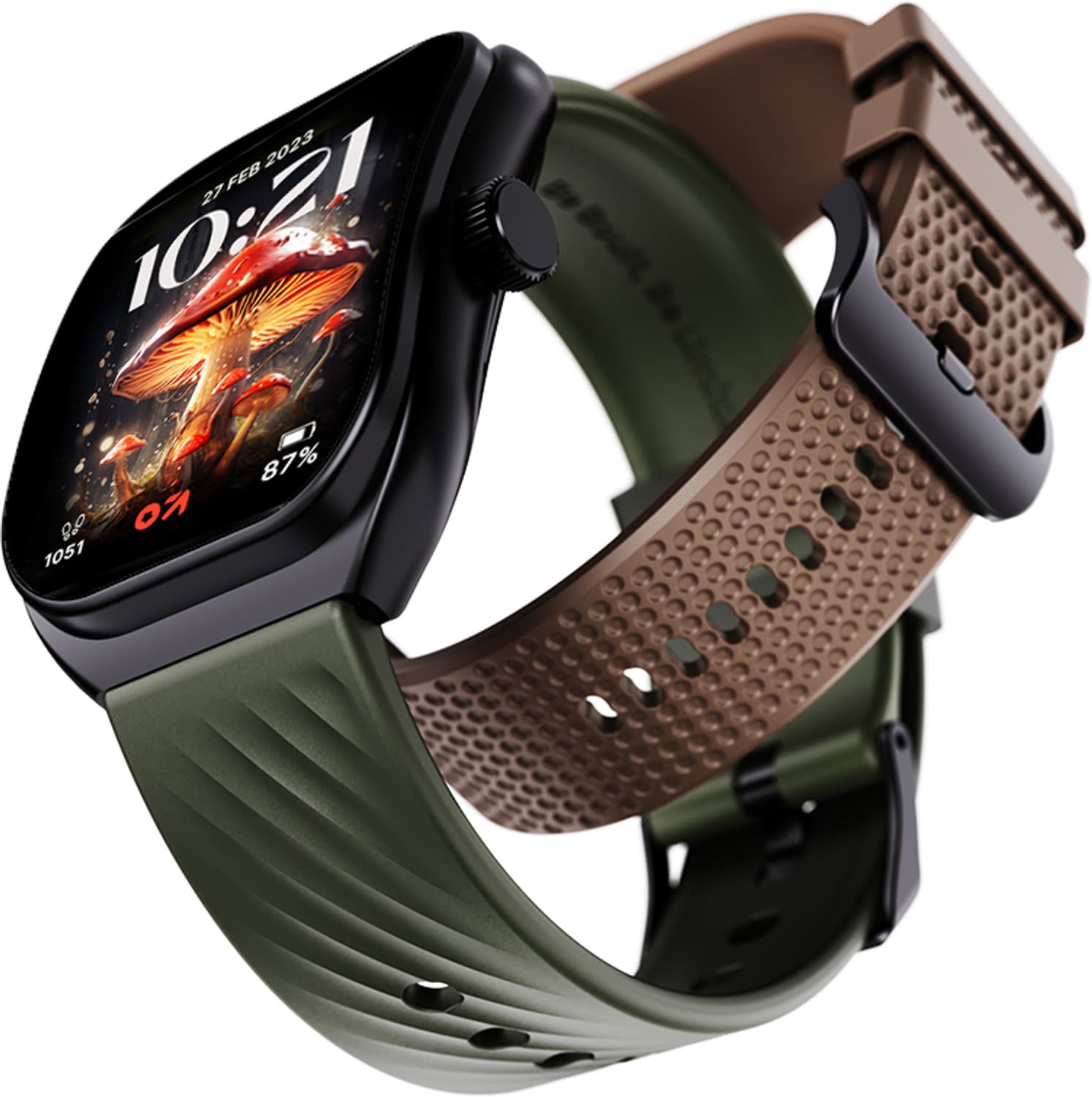 GOBOULT Trail 2.01'' 3D Curved HD Display, Working Crown, IP68 Smartwatch (Green, Brown Strap, Free Size)