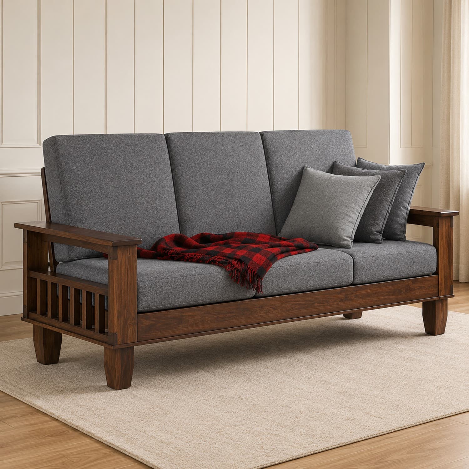 Kendalwood Furniture Solid Wood 3 Seater Wooden Sofa set for living Room Furniture Fabric 3 Seater Sofa