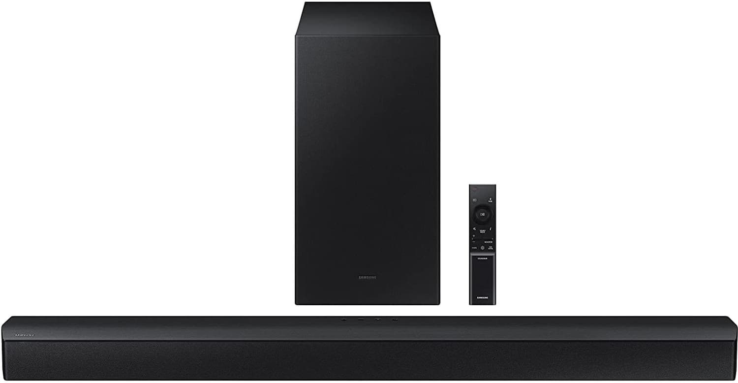 SAMSUNG (HW-B45E/XL) with 3 speakers,Wireless Subwoofer and Dolby 3D and Bass boost mode 300 W Bluetooth Soundbar