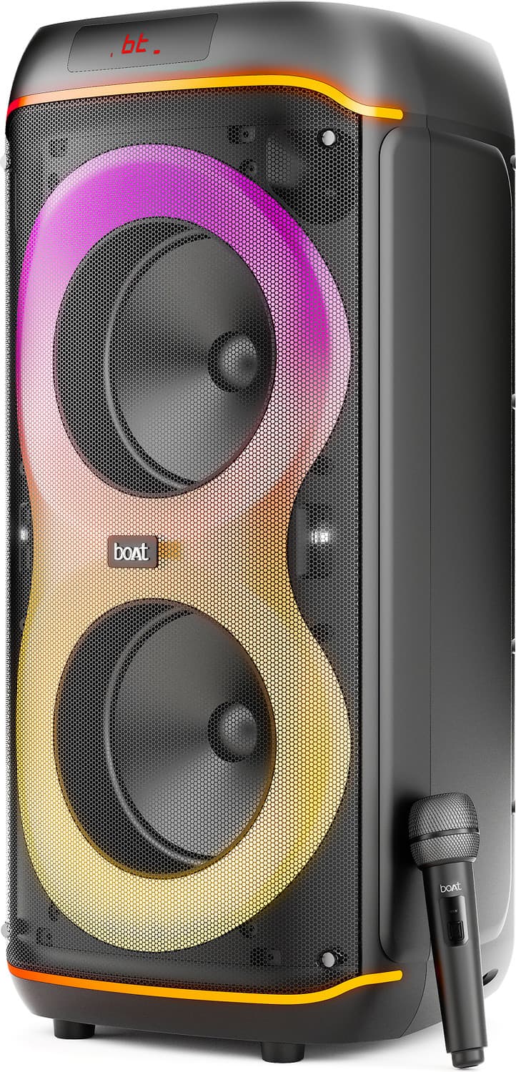 boAt PartyPal 390 Plus,Karaoke Auto-Tuner,UHF Mic,RGB LED,TWS Mode,Guitar Input Port 160 W Bluetooth Tower Speaker (Onyx Black, Mono Channel)