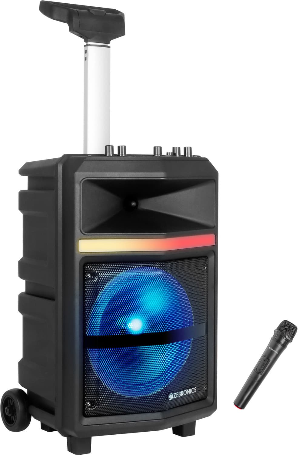 ZEBRONICS ZEB-Thump 100 is a portable trolley DJ speaker with Wireless Mic. 28 W Bluetooth Home Theatre
