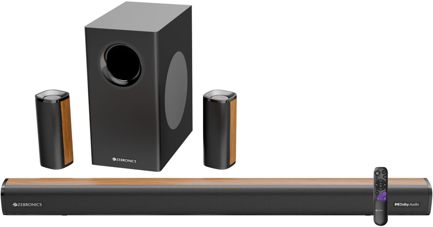 ZEBRONICS Juke Bar 9451 Dolby Audio Wireless Subwoofer & Dual Satellite, Wooden Finish 600 W Bluetooth Soundbar (Black, 5.1 Channel)