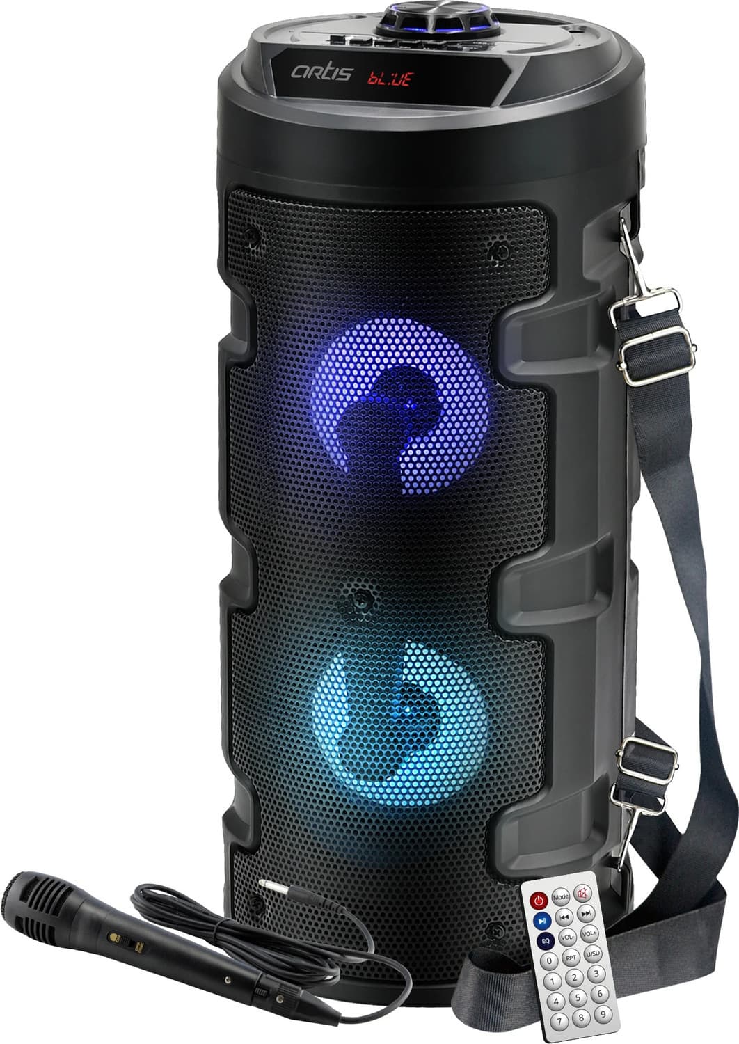 artis MS301 Wireless Bluetooth Portable Party Speaker with RGB Glow Lights, Wired Mic, Remote Control, FM Radio & Aux in/USB/TF Card Reader Input 20 W Bluetooth Speaker (Black, 2.0 Channel)