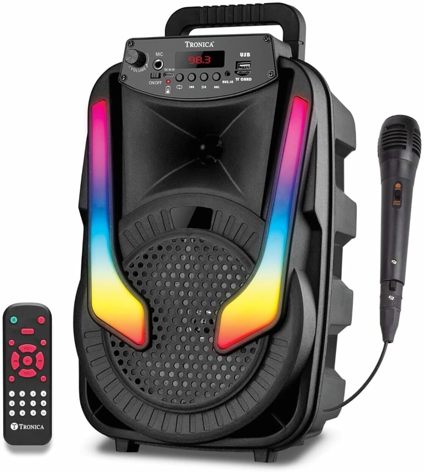 TRONICA JHAKAAS 8-inches Bluetooth Karaoke Party Speaker Powered by a Rechargeable Battery with Wired Mic 1000W P.M.P.O 1000 W Bluetooth Tower Speaker (Black, Stereo Channel)