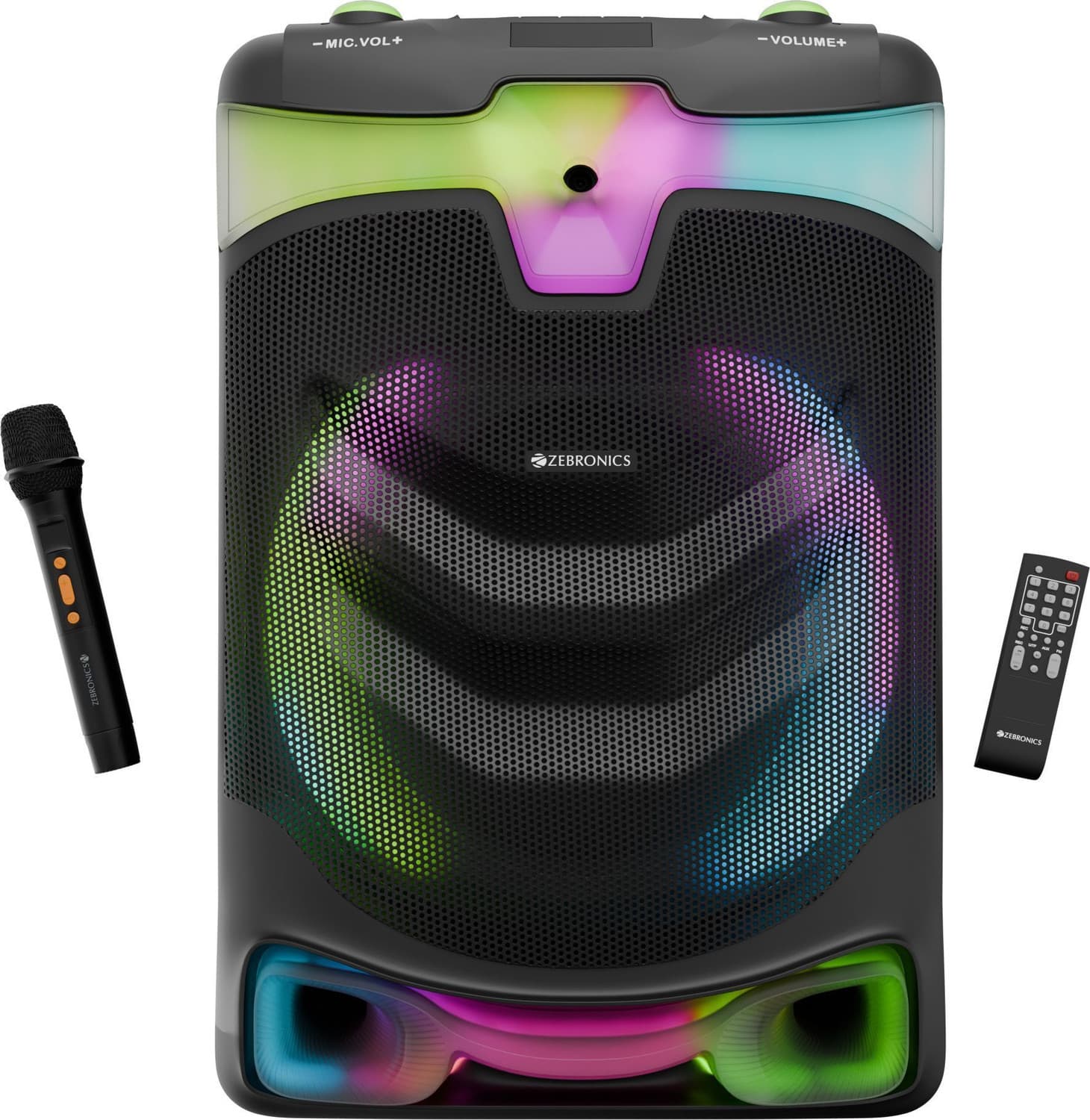ZEBRONICS Dazzio Trolley Speaker 5hr Playback,Dual Wireless Mic ,Karaoke,USB, AUX,RGB 130 W Bluetooth Party Speaker