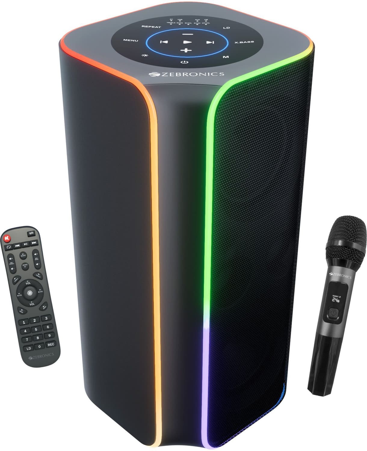 ZEBRONICS Party Fyre 700, Upto 7hrs Playback, Wireless Mic, RGB, TWS, USB, AUX. 120 W Bluetooth Party Speaker (Black, Mono Channel)