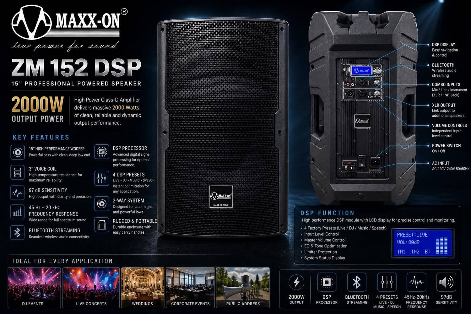 MAXX-ON ZM 152 DSP SPEAKER 2000 W Bluetooth Party Speaker (Black, 2.0 Channel)