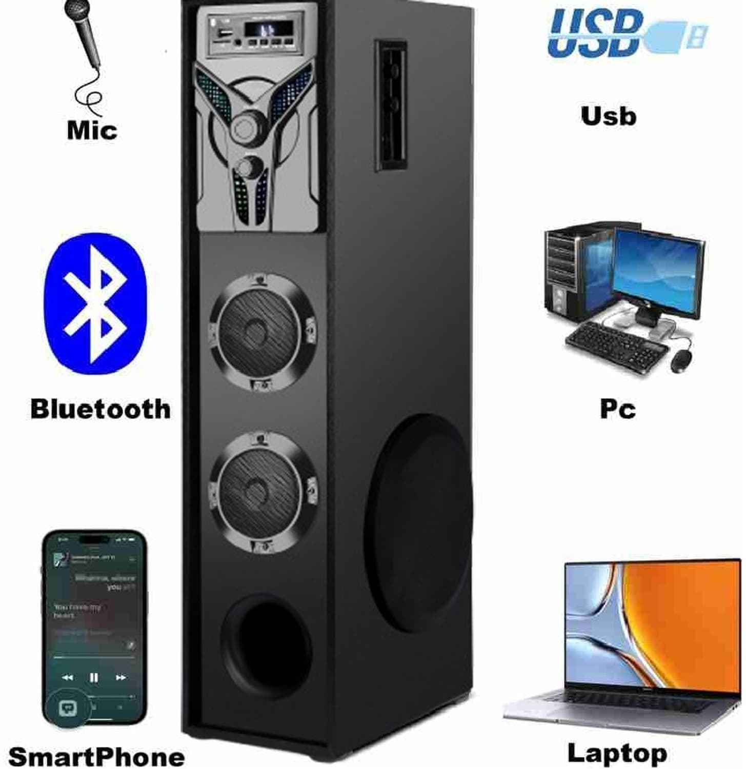 quillquarry q 84743 tower speaker home theatre subwoofer karaoke support aux fm usb 100 w bluetooth speaker