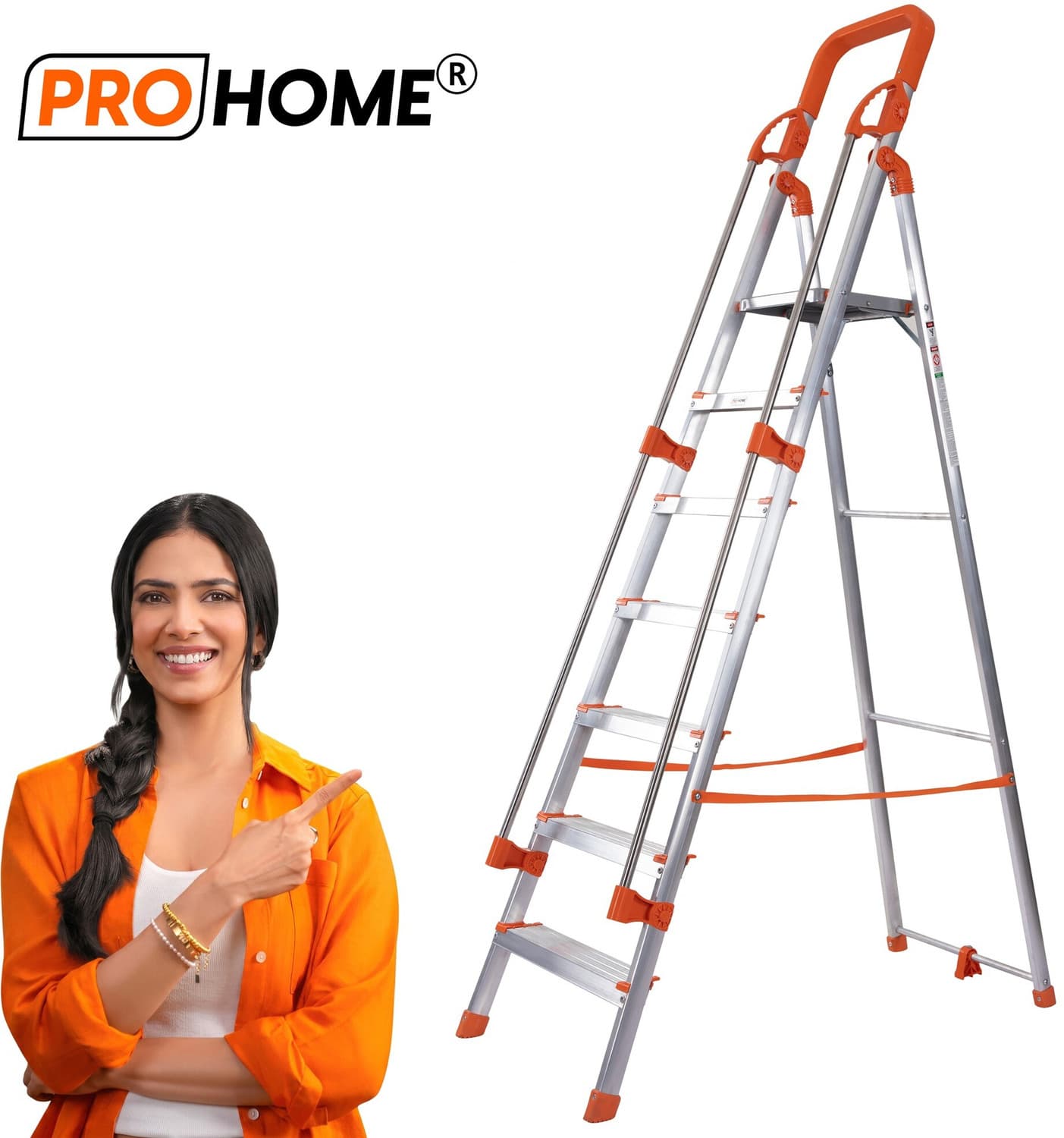 ProHome 7 Steps Aluminum Ladder with Hand Railing for Home with 5 Anti Skid Shoes Aluminium Ladder