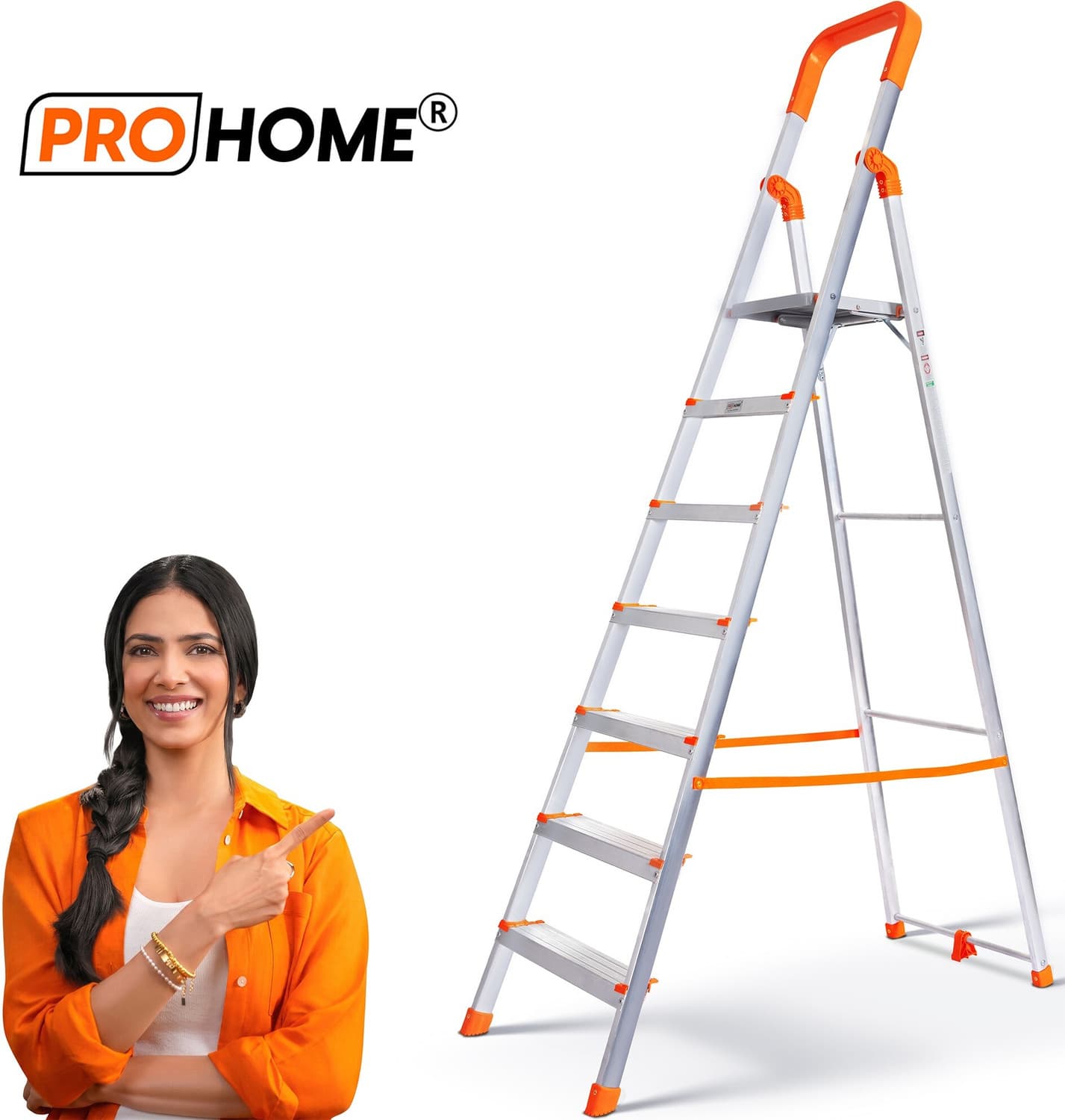 ProHome Premium Heavy Platform Aluminum Ladder for Home 7 Steps with 5 Anti Skid Shoes Aluminium Ladder