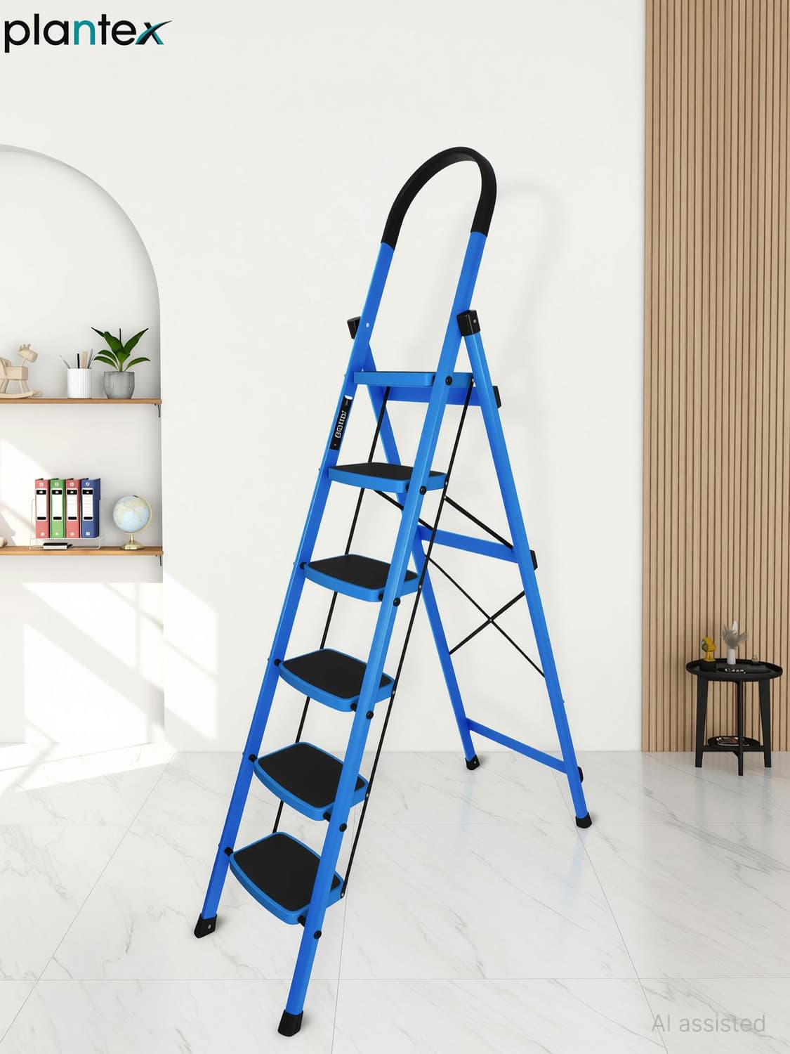 Plantex Prime Steel Folding 6 Step Ladder for Home - 6 Wide Anti-Skid Steps (Blue & Black) Steel Ladder