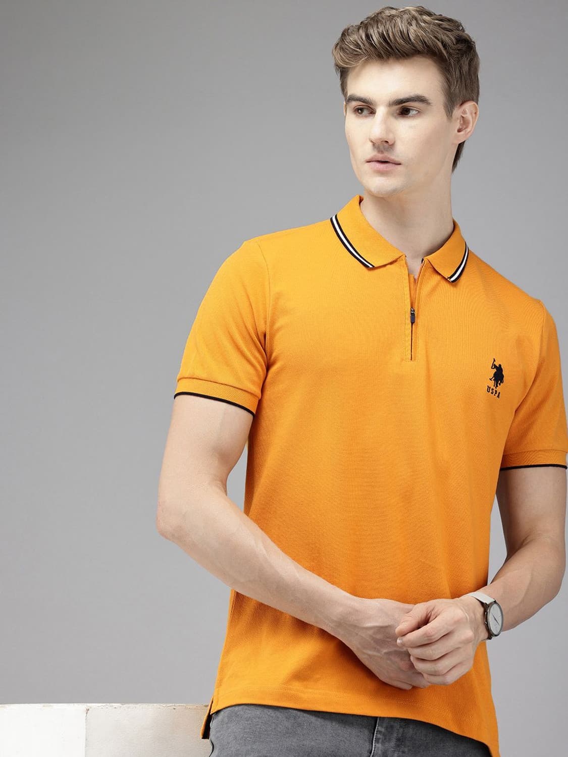 U.S. POLO ASSN. Solid Men Polo Neck Yellow T-Shirt