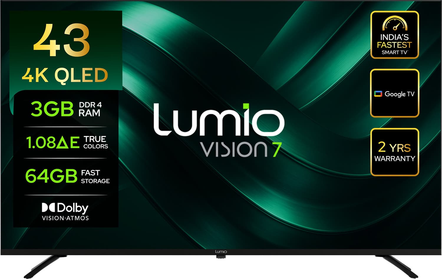 Vision 7 109 cm (43 inch) QLED Ultra HD (4K) Smart Google TV 2026 Edition with 4K HDR Dolby Vision + Atmos Over 100% Colour Indias Fastest Smart TV* w...