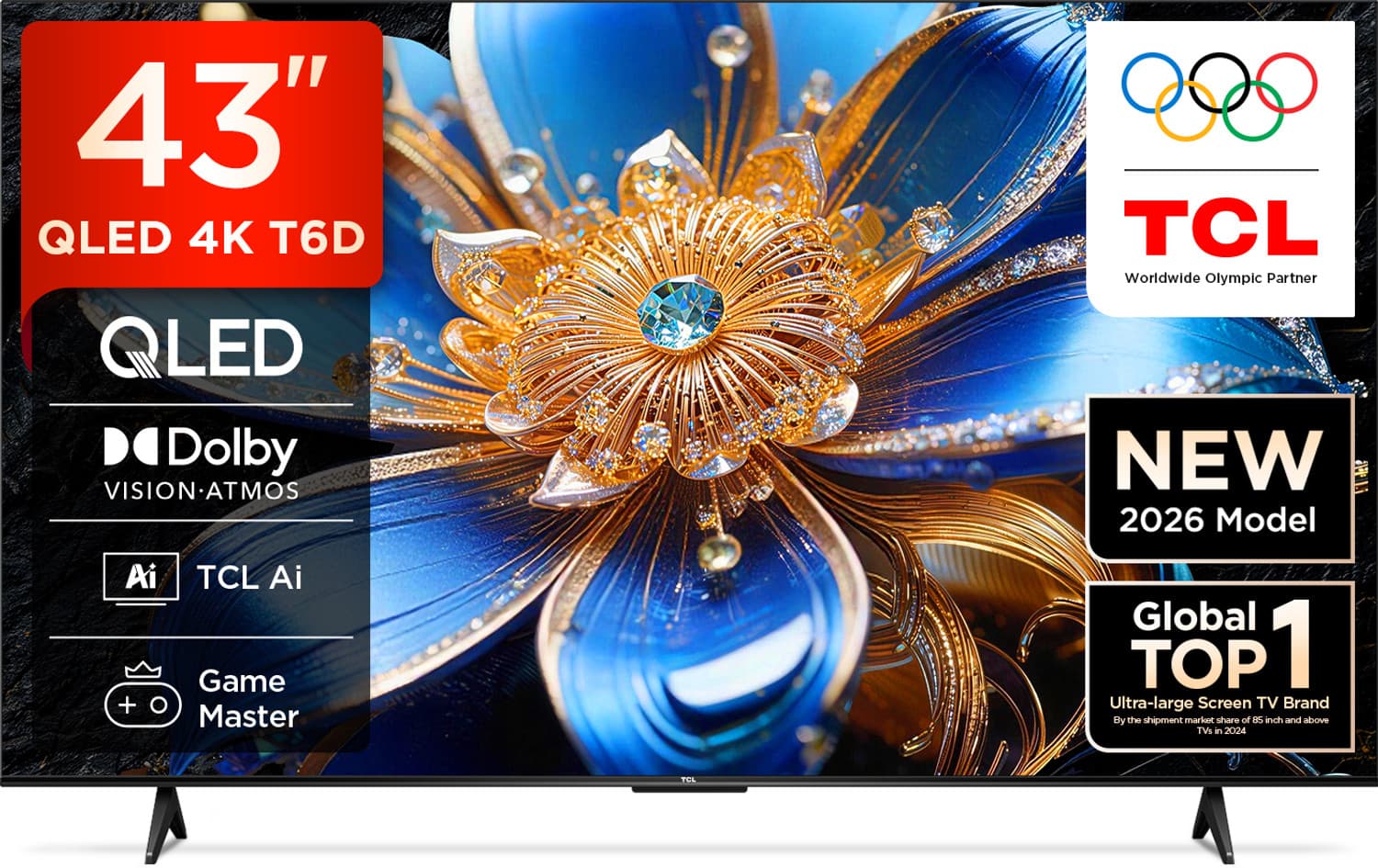 T6D 107.95 cm (43 inch) QLED Ultra HD (4K) Smart Google TV 2026 Edition with HDR10+ Dolby Vision- Atmos 24W HVA Panel TCL AI Slim & Uni body Design (4...