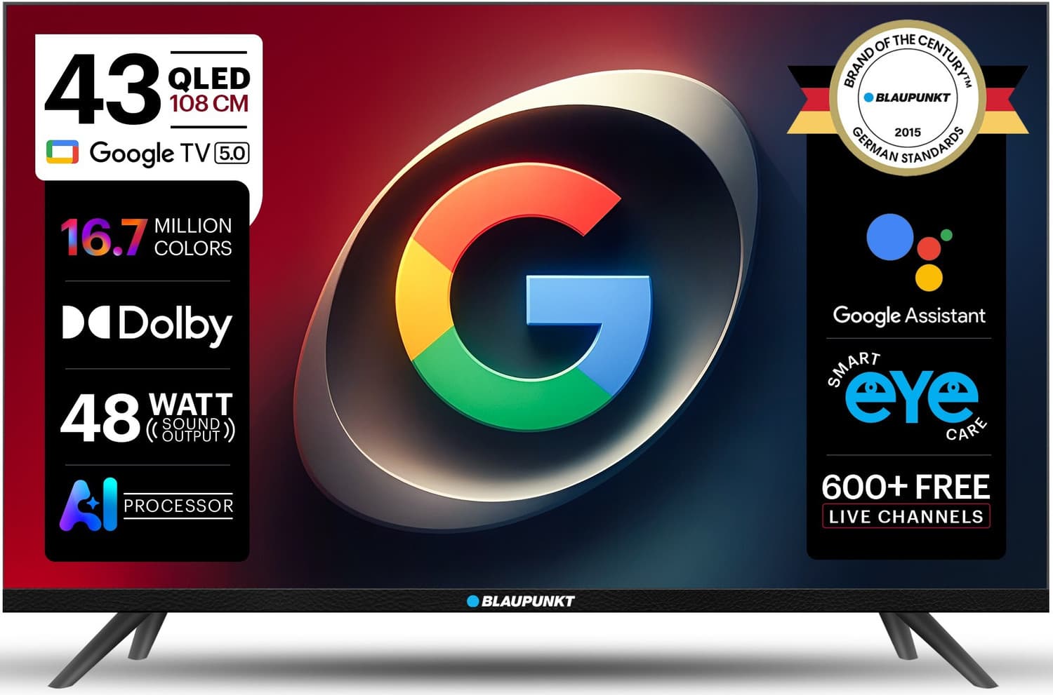 108 cm (43 inch) QLED Full HD Smart Google TV 2026 Edition with Google Voice Assistant Remote Control 48 Watt Sound Output Dolby Sound 600+ Live Chann...