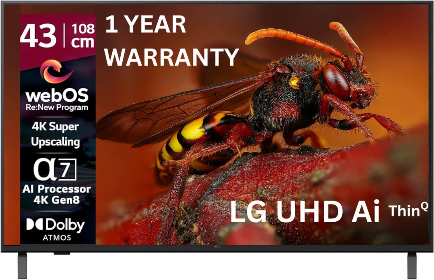 lg ai tv ua8250 108 cm 43 inch ultra hd 4k led smart webos alpha7th processor 4k gen8 super upscaling picture pro expression enhancer new magic remote compatible search ms copilot sound 9 1 2 ch dolby atmos chromecast built in