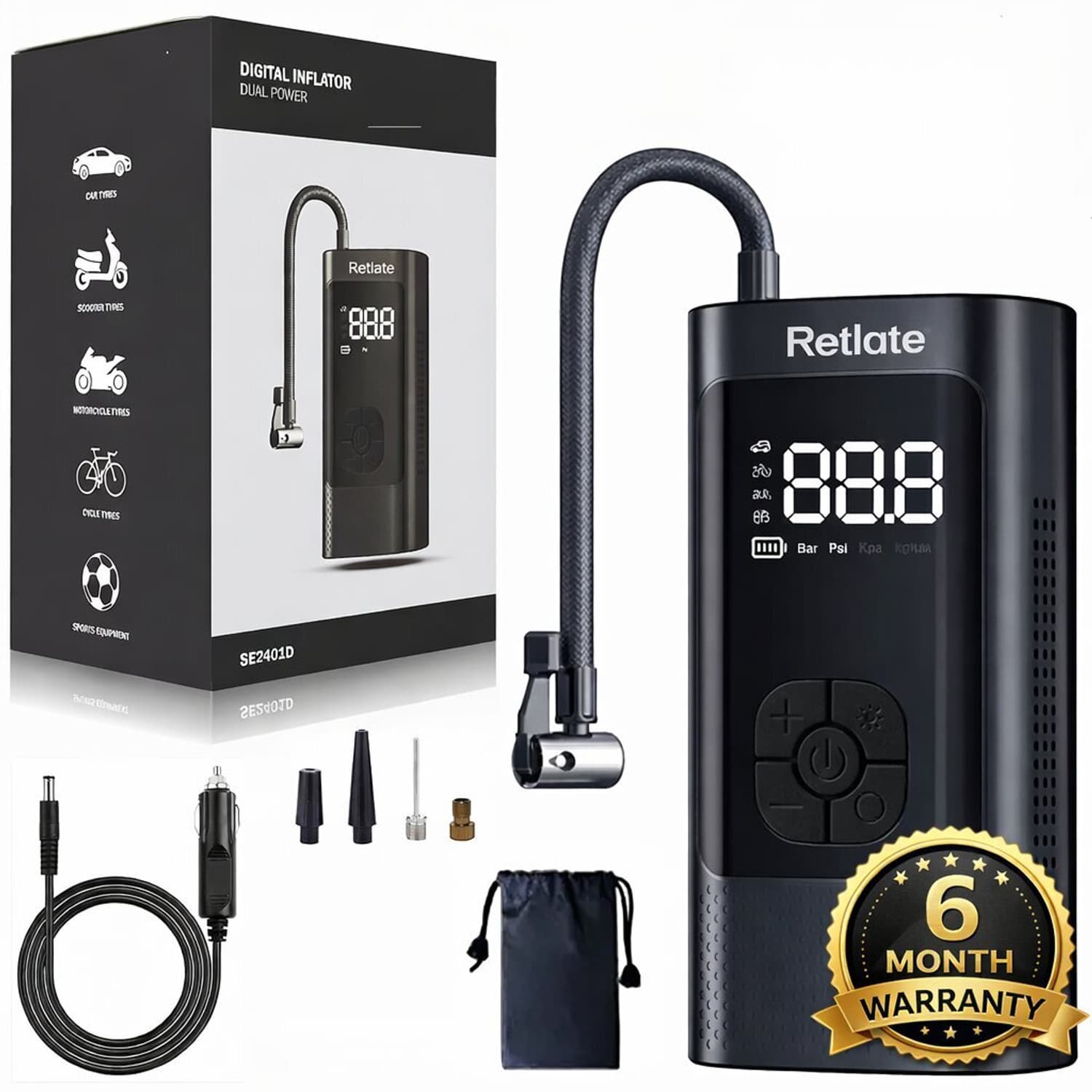 Digital Tyre Inflator for Cars12V DC 160 psi Tyre Air Pump for Car & Bike (Digital Display, Multiple Nozzles, Auto Shut Off, Air Inflator)