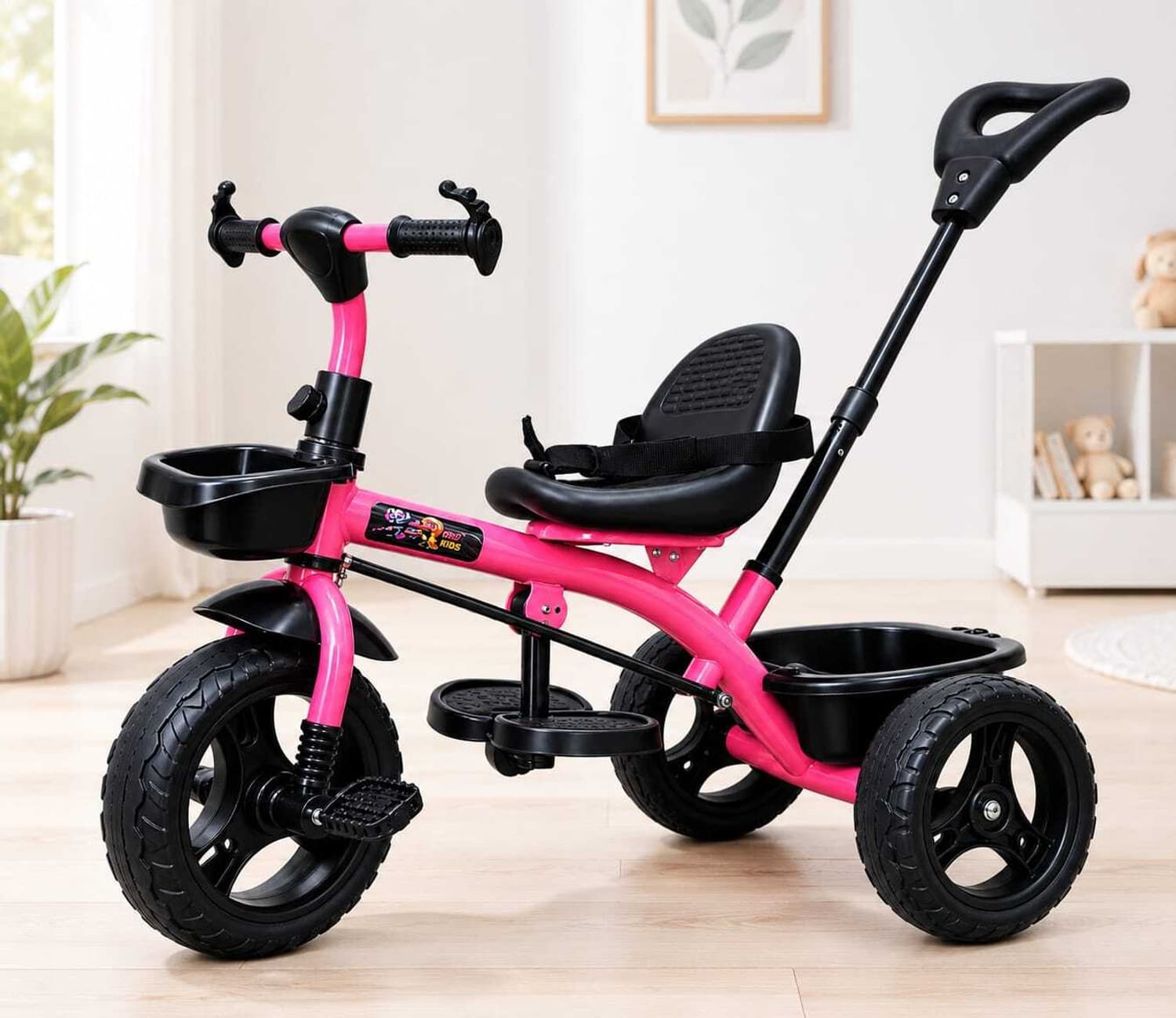 Stepupp BABY TRICYCLE FOR KIDS WITH FOOTREST AND FRONT OR BACK BASKET AND PARENT HANDLE PINK COLOUR KIDS TRICYCLE RECOMMENDED TRICYCLE FOR BABY GIRL OR TRICYCLE FOR BABY BOY OR TRICYCLE FOR TODDLER GIRL OR TRICYCLE FOR TODDLER BOY RECOMMENDED FOR TODDLER 1,2,3,4,5 YEAR CHILDREN TRICYCLE FOR KIDS ST-BTC-CH[BB}PHC-077 Tricycle (Pink, Black)