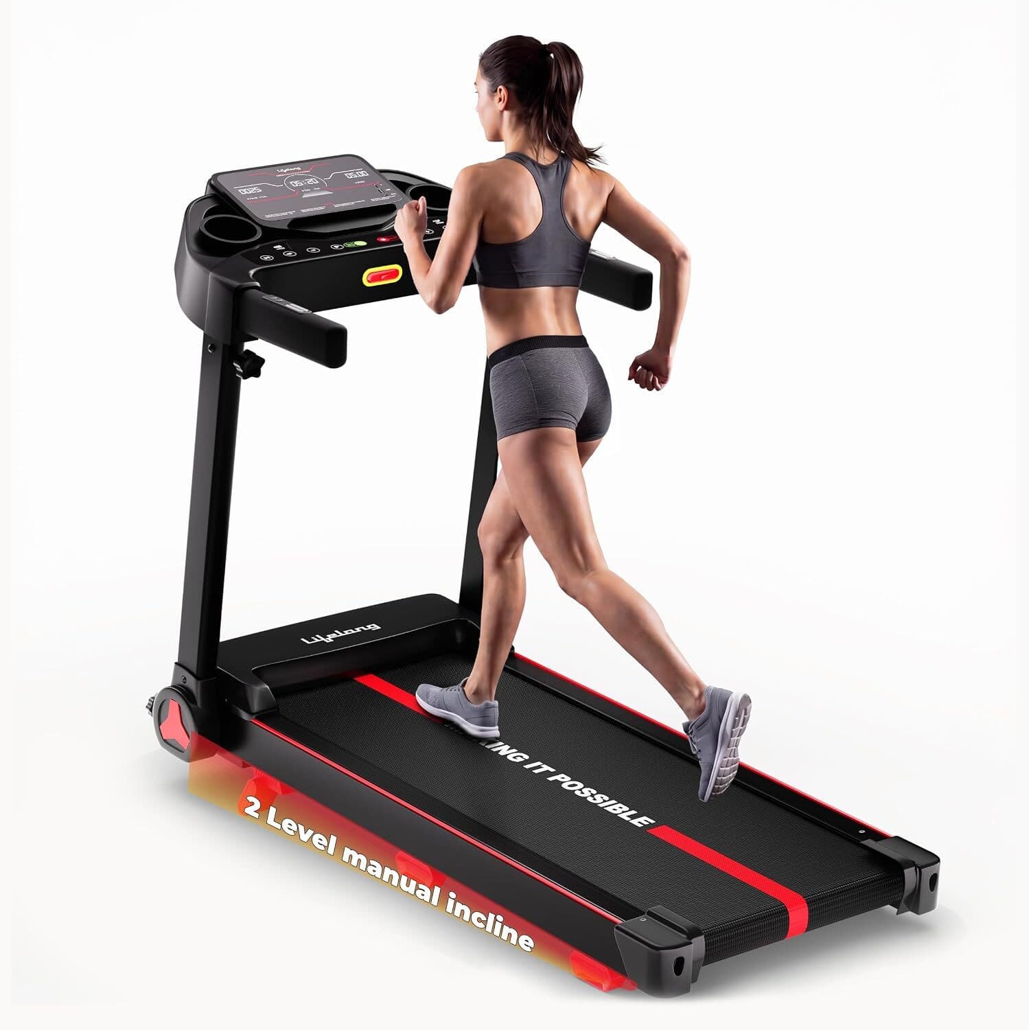 lifelong 4 5hp motorized treadmill home manual incline 2 level foldable handle max weight 110 kg